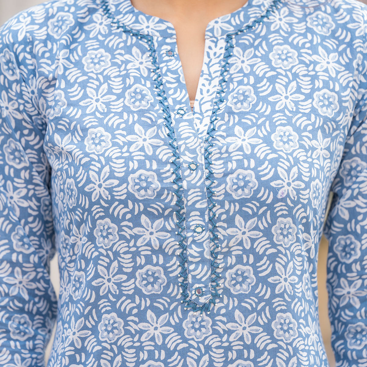 Blue Floral Printed Pure Cotton Salwar Suit