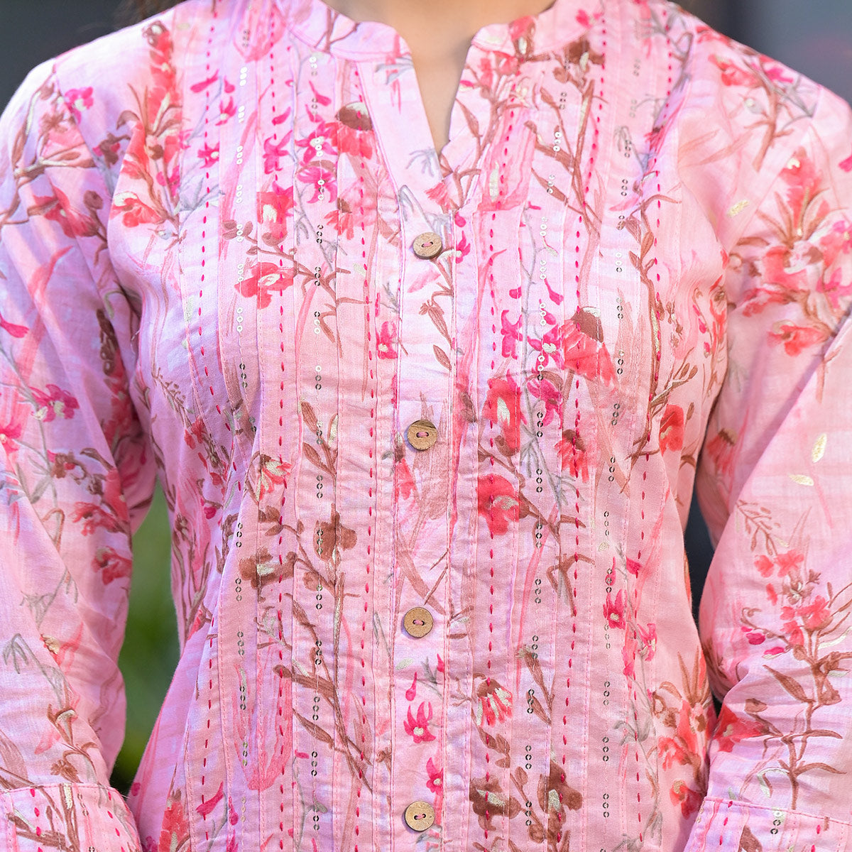 Peach Floral Foil Printed Pure Cotton Front Slit Kurti