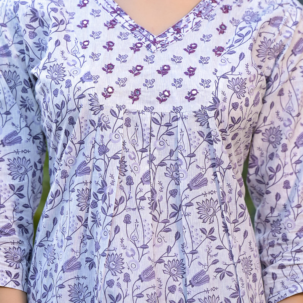 White Floral Printed Pure Cotton Straight Salwar Suit
