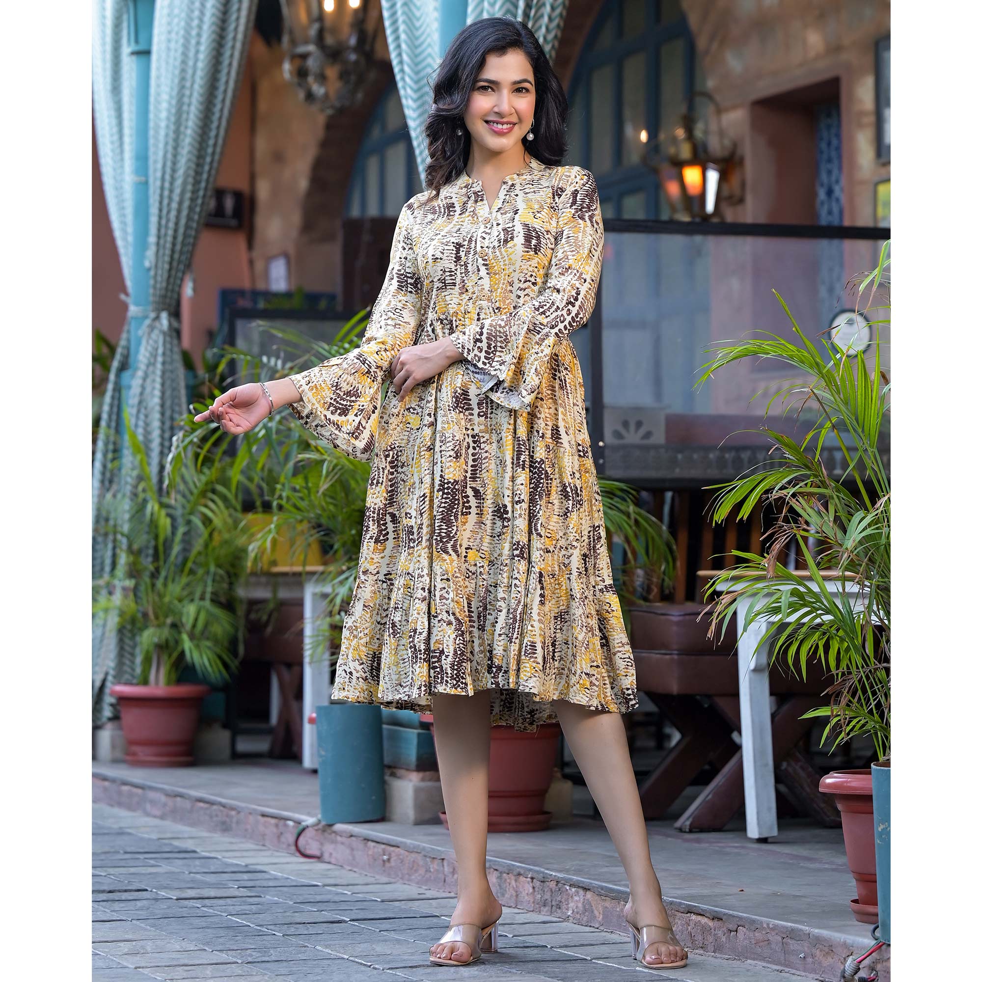 Yellow Printed Rayon Anarkali Dress
