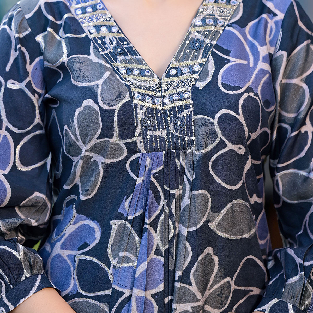Denim Blue Floral Printed Chanderi Silk Co-Ord Set