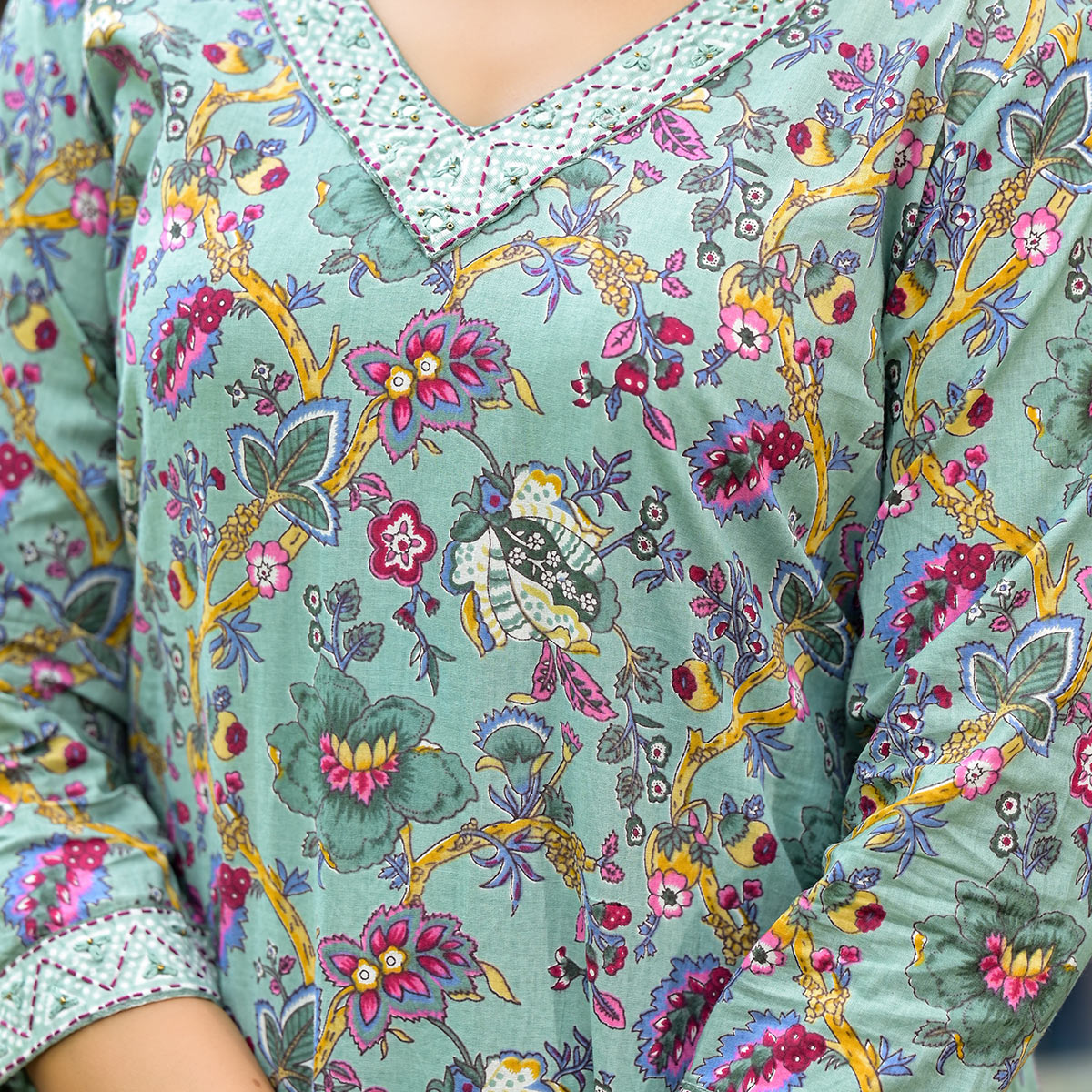 Sea Green Floral Printed With Embroidery Pure Cotton Straight Salwar Suit