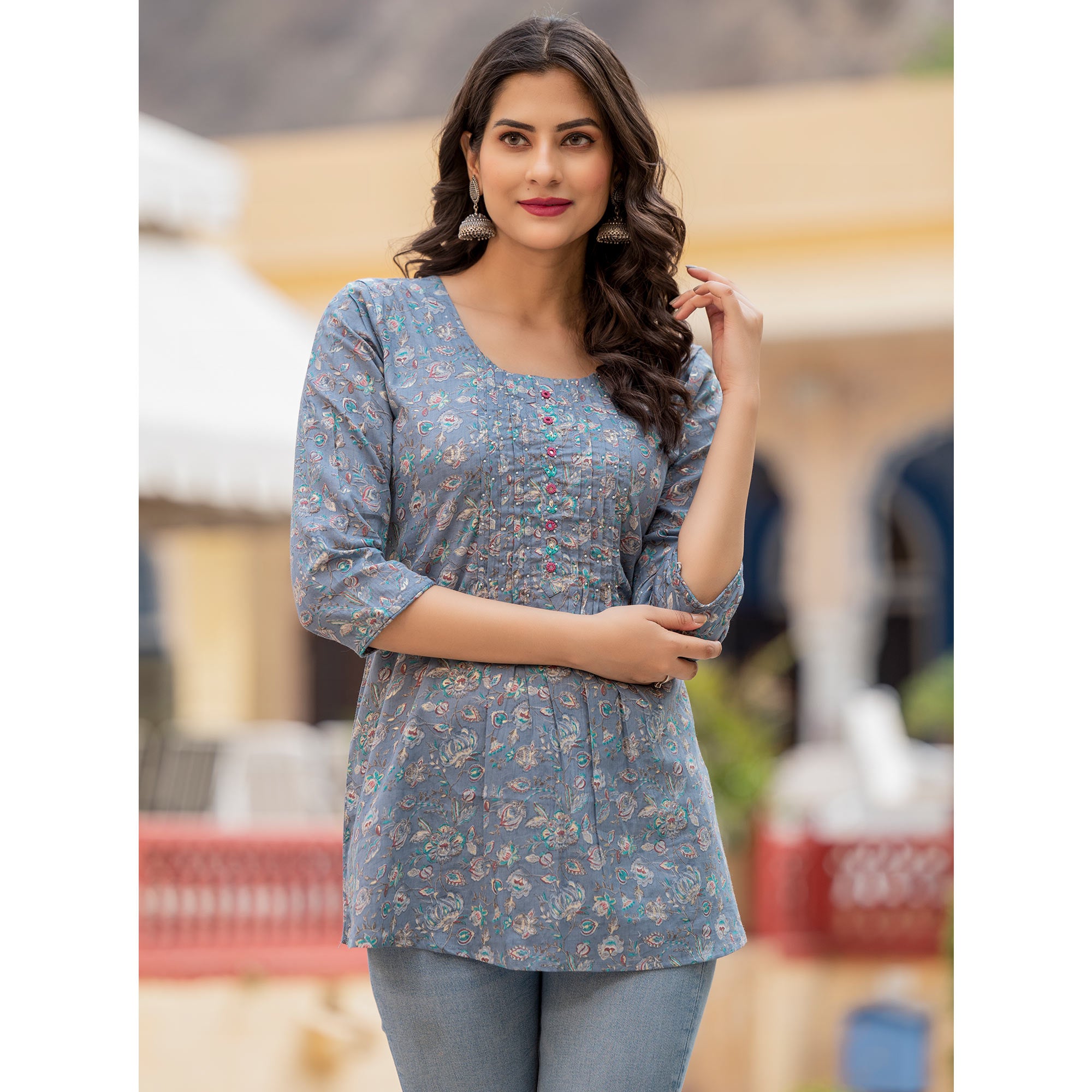 Blue Floral Printed Pure Cotton Top
