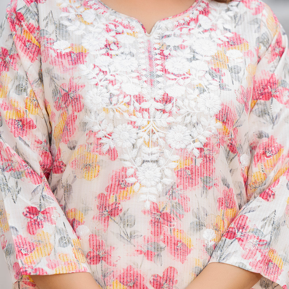 Cream & Pink Floral Printed Rayon Straight Kurti