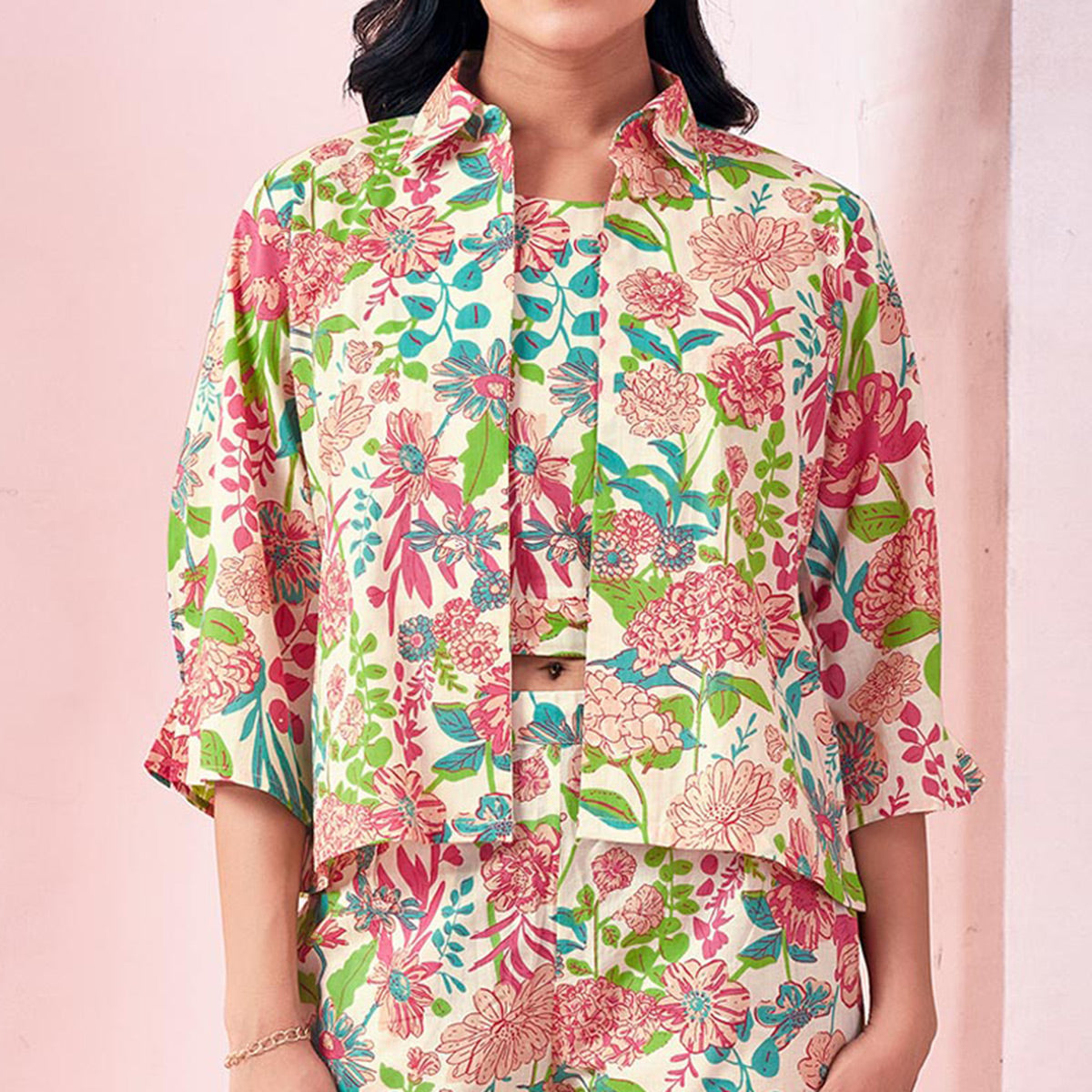 White Floral Printed Pure Cotton Co-ord Set With Jacket