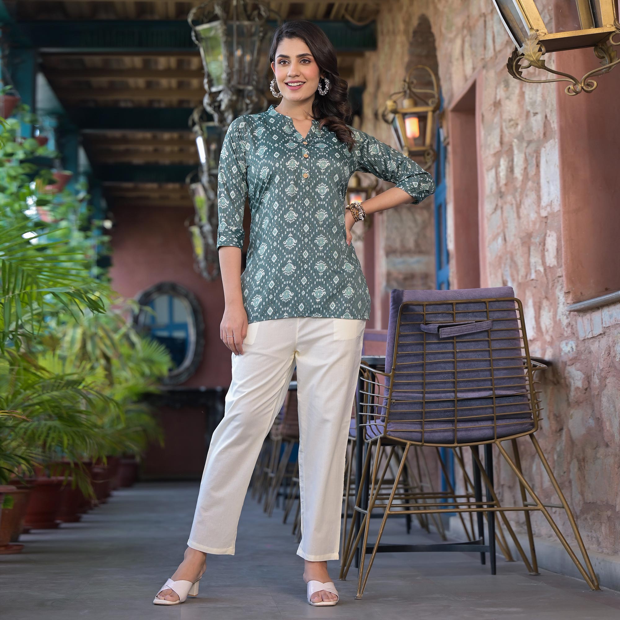 Sea Green Floral Printed Rayon Straight Top