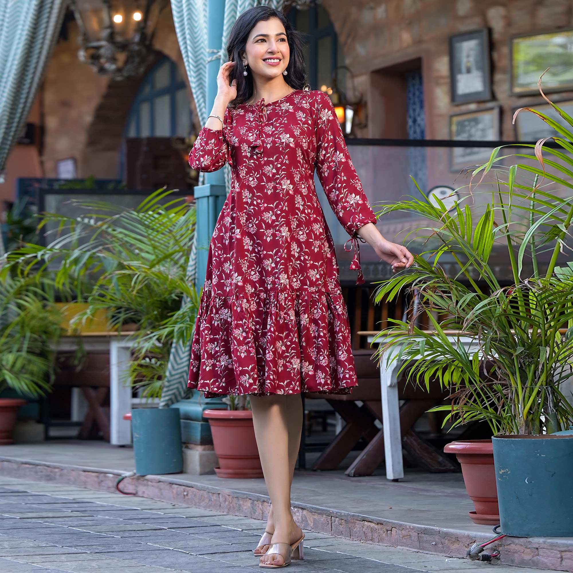 Red Floral Printed Rayon Dress