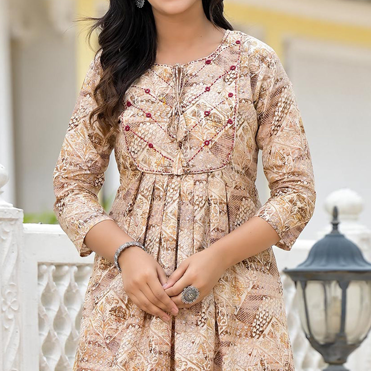 Mustard Floral Printed Pure Cotton A-Line Dress