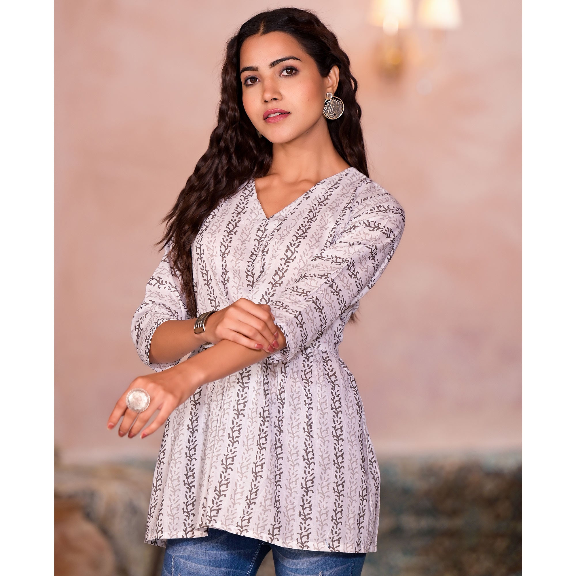 White & Brown Printed Pure Cotton A-Line Top