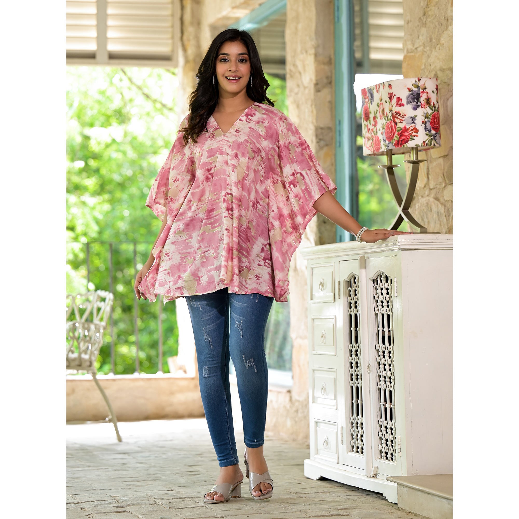 Pink Foil Printed Chanderi Silk Kaftan Top