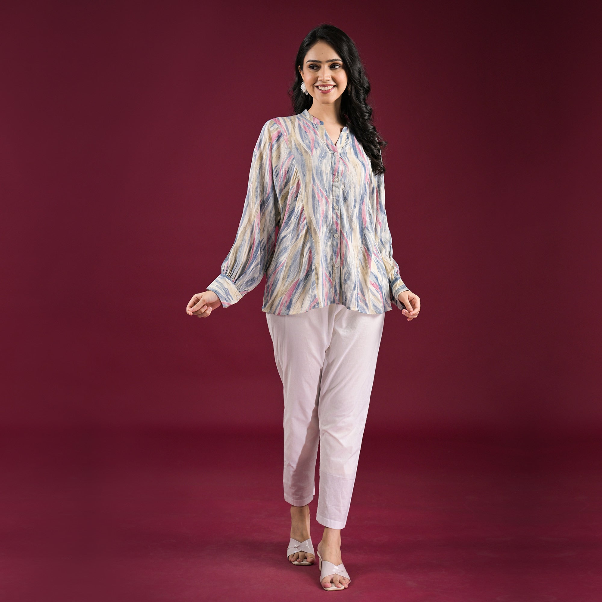 Blue Foil Printed Chanderi Silk A-Line Top