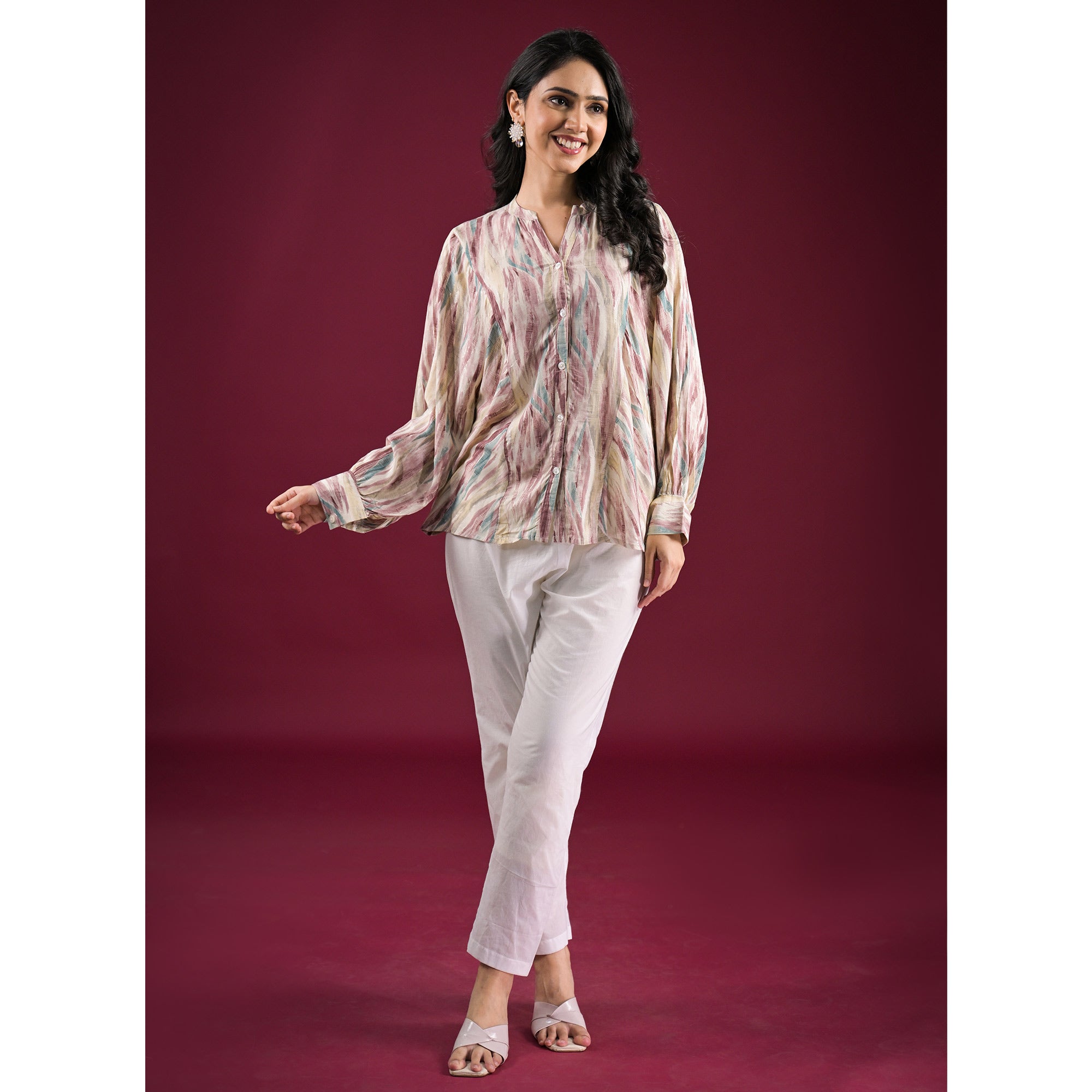 Turquoise Foil Printed Chanderi Silk A-Line Top