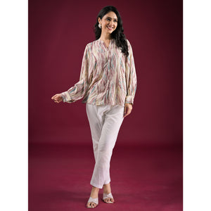 Turquoise Foil Printed Chanderi Silk A-Line Top