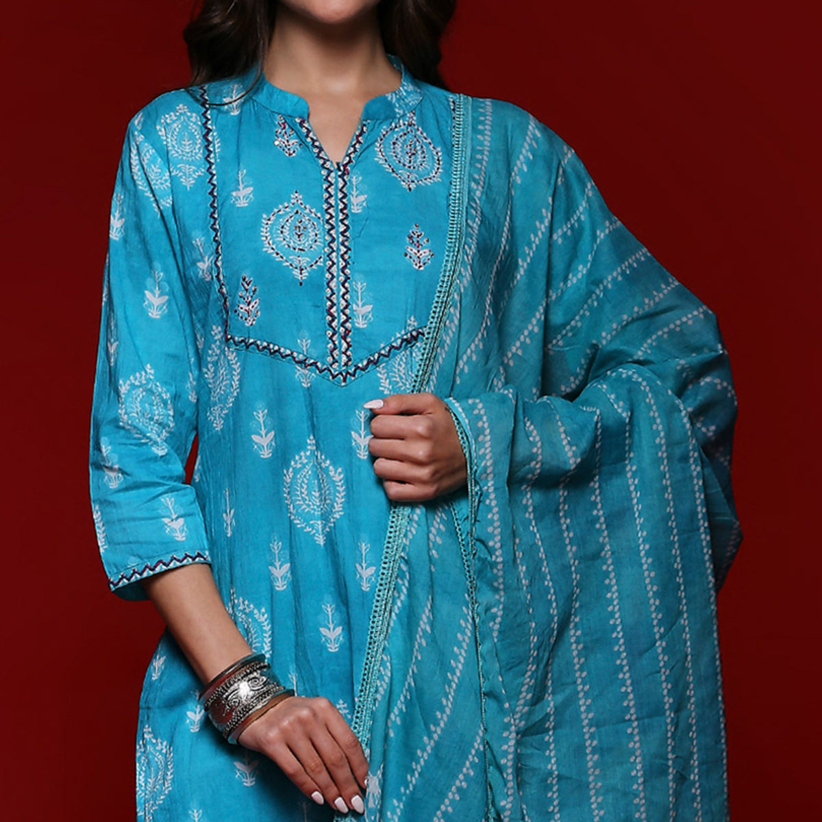 Turquoise Printed Pure Cotton Straight Salwar Suit