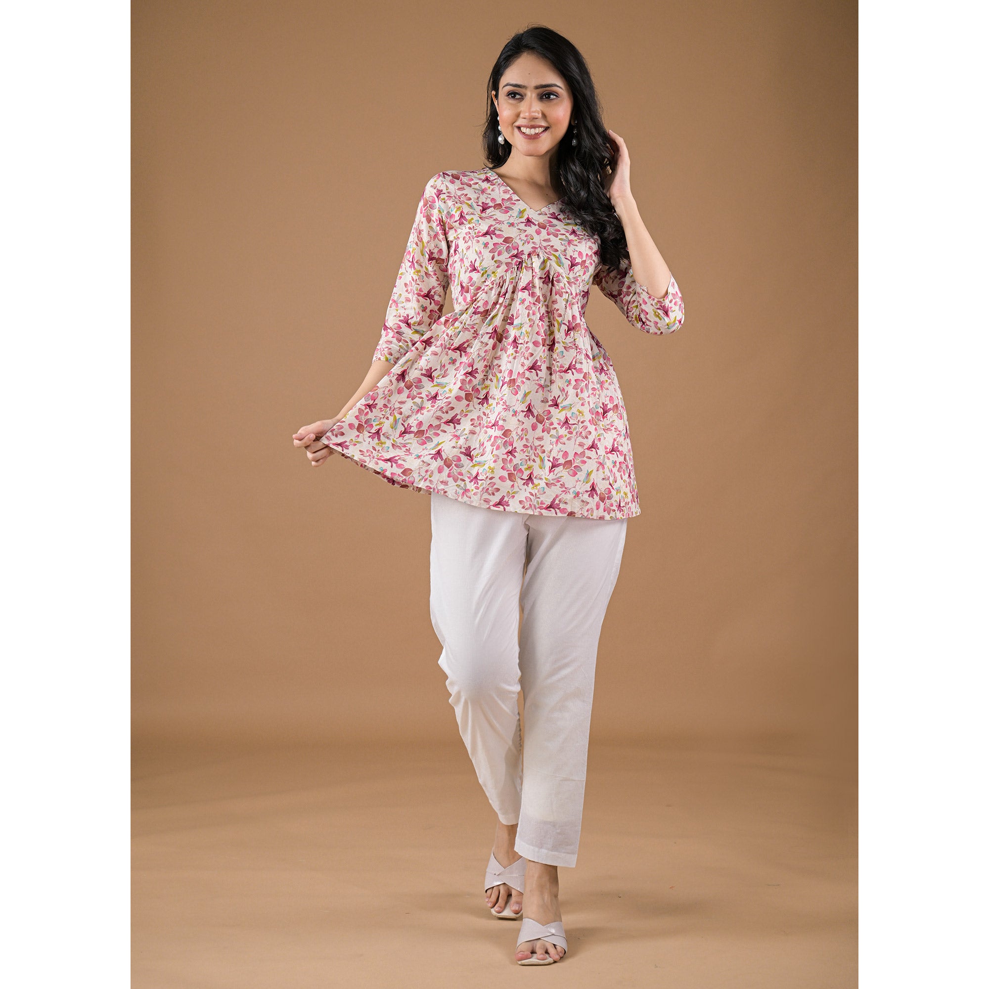 Wine Floral Printed Pure Cotton A-Line Top