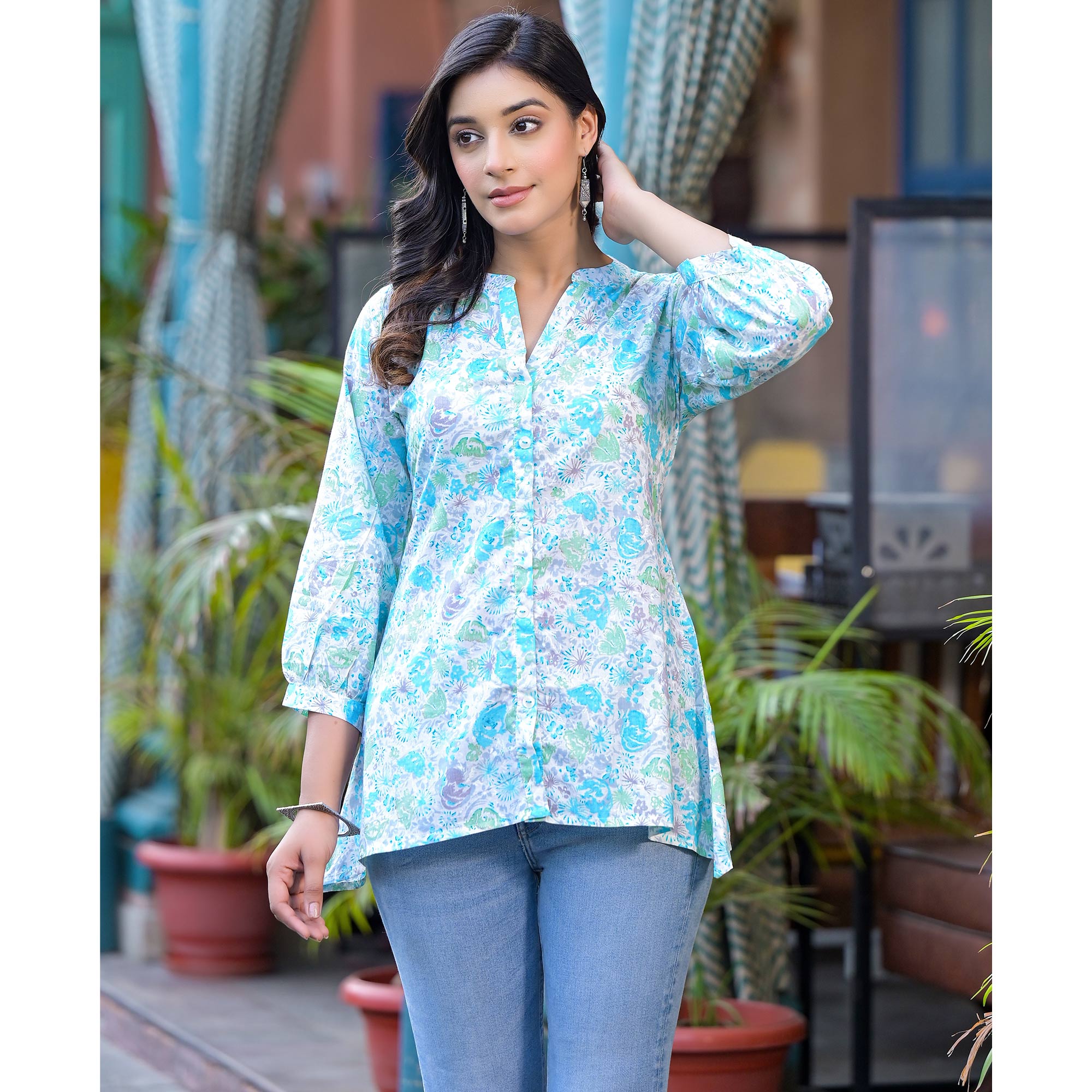 Sky Blue Floral Printed Pure Cotton A-Line Top