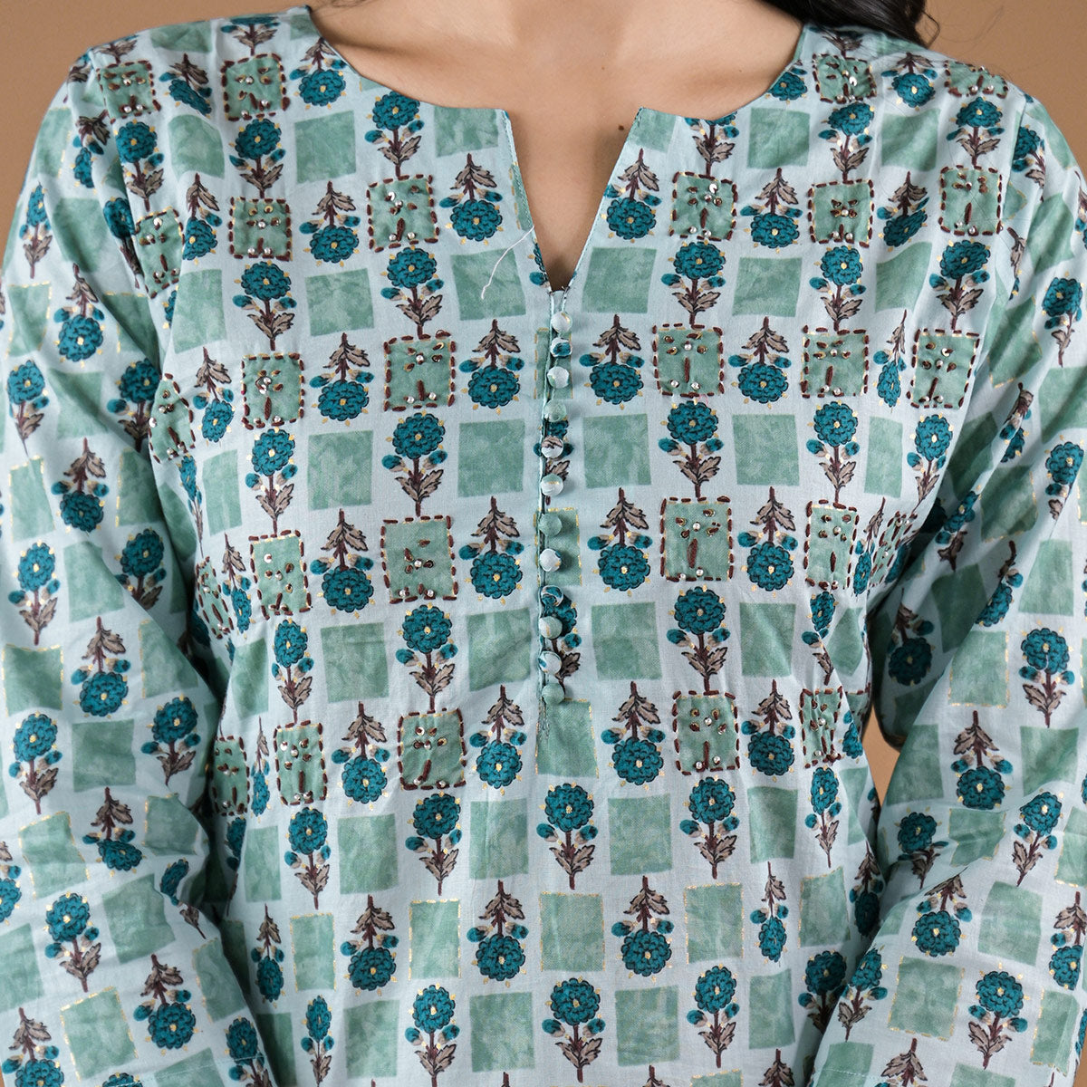Sea Green Floral Printed Pure Cotton Straight Kurti