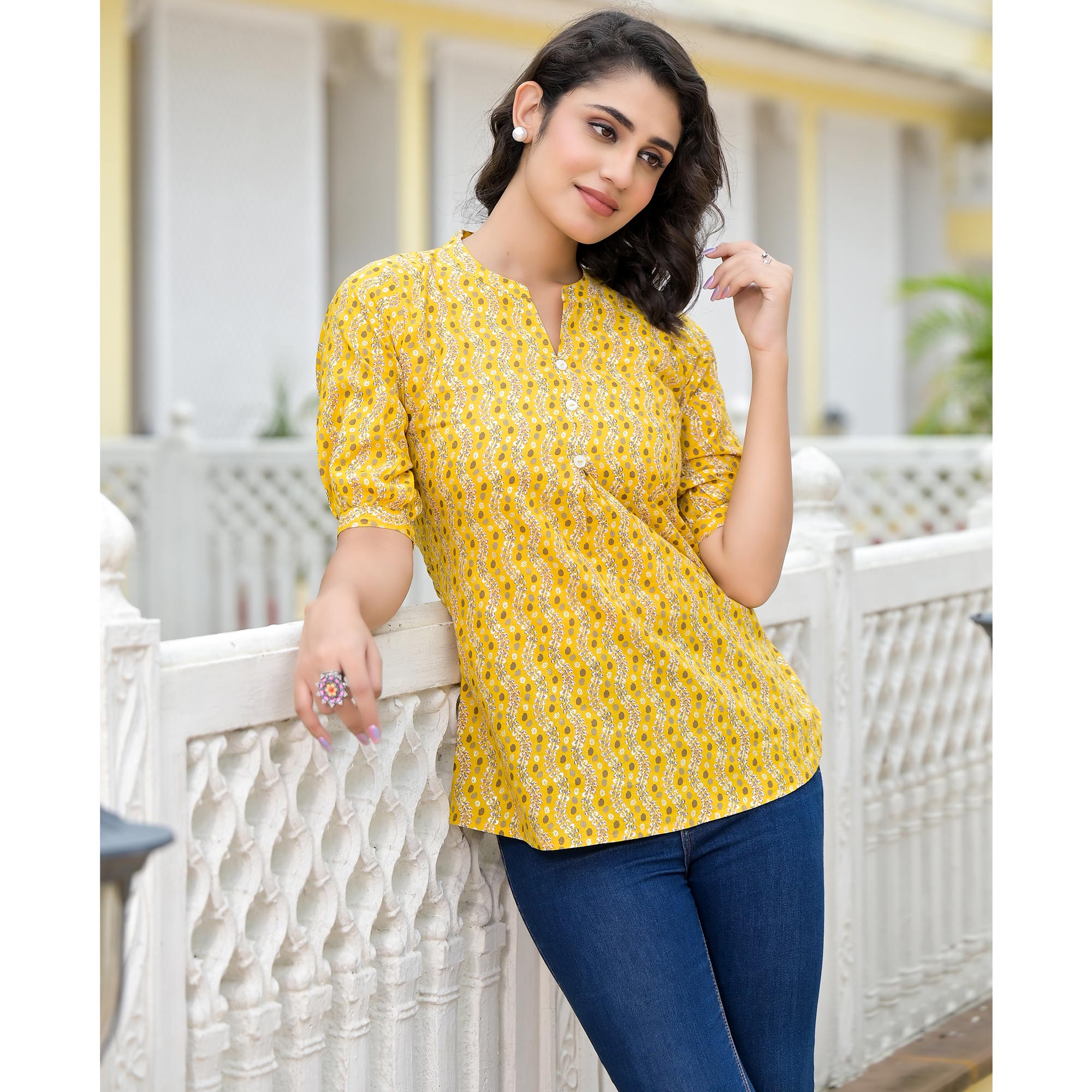 Yellow Foil Printed Pure Cotton A-Line Top