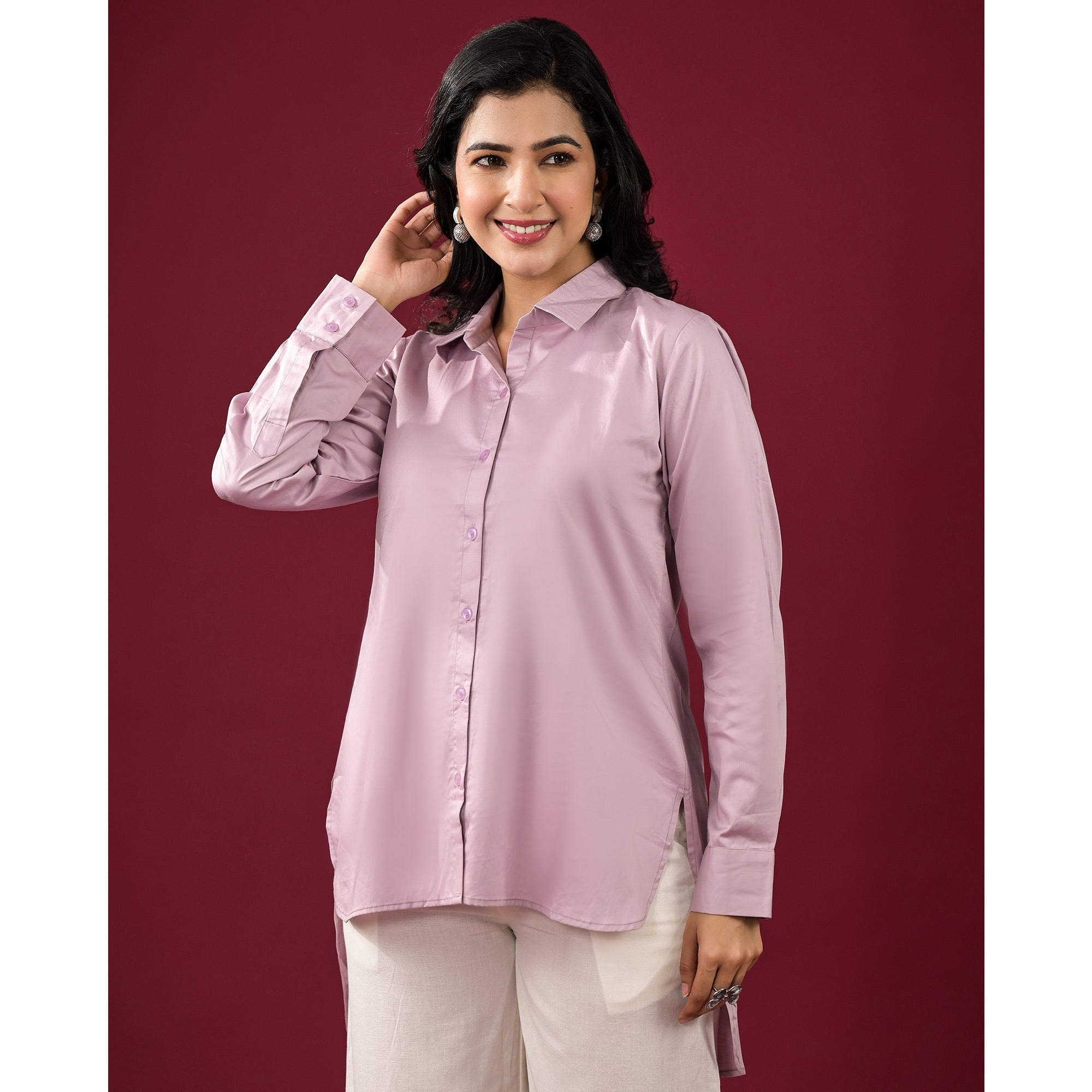 Lavender Solid Satin High-Low Shirt