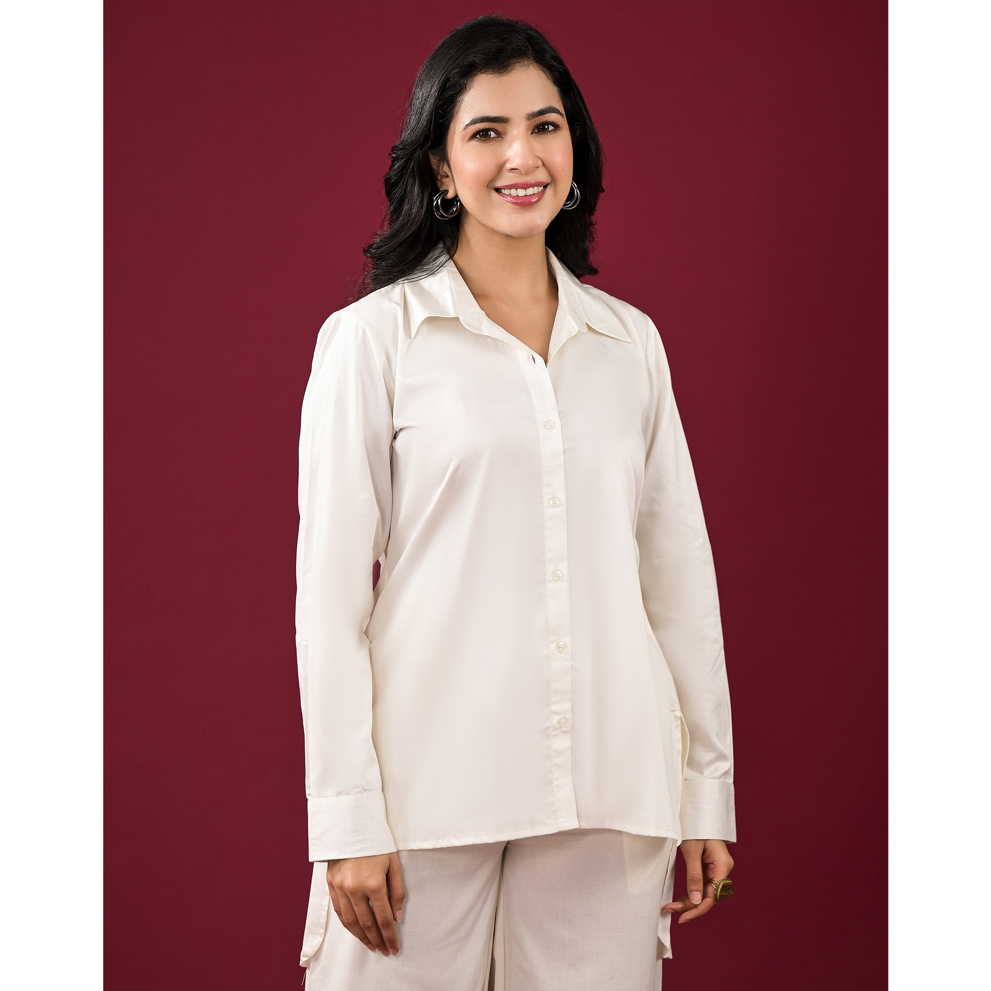 Off White Solid Satin High-Low Shirt