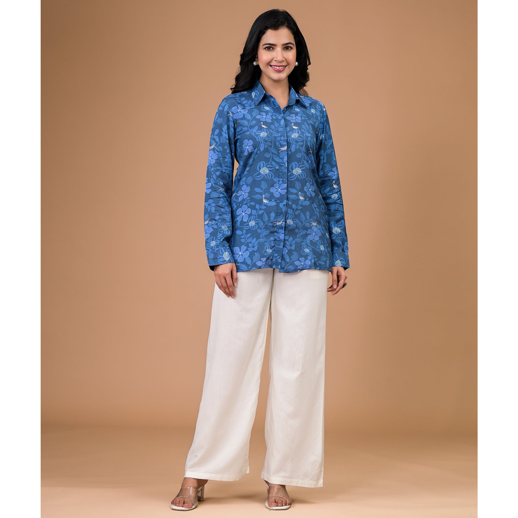 Blue Foil Printed Muslin Shirt