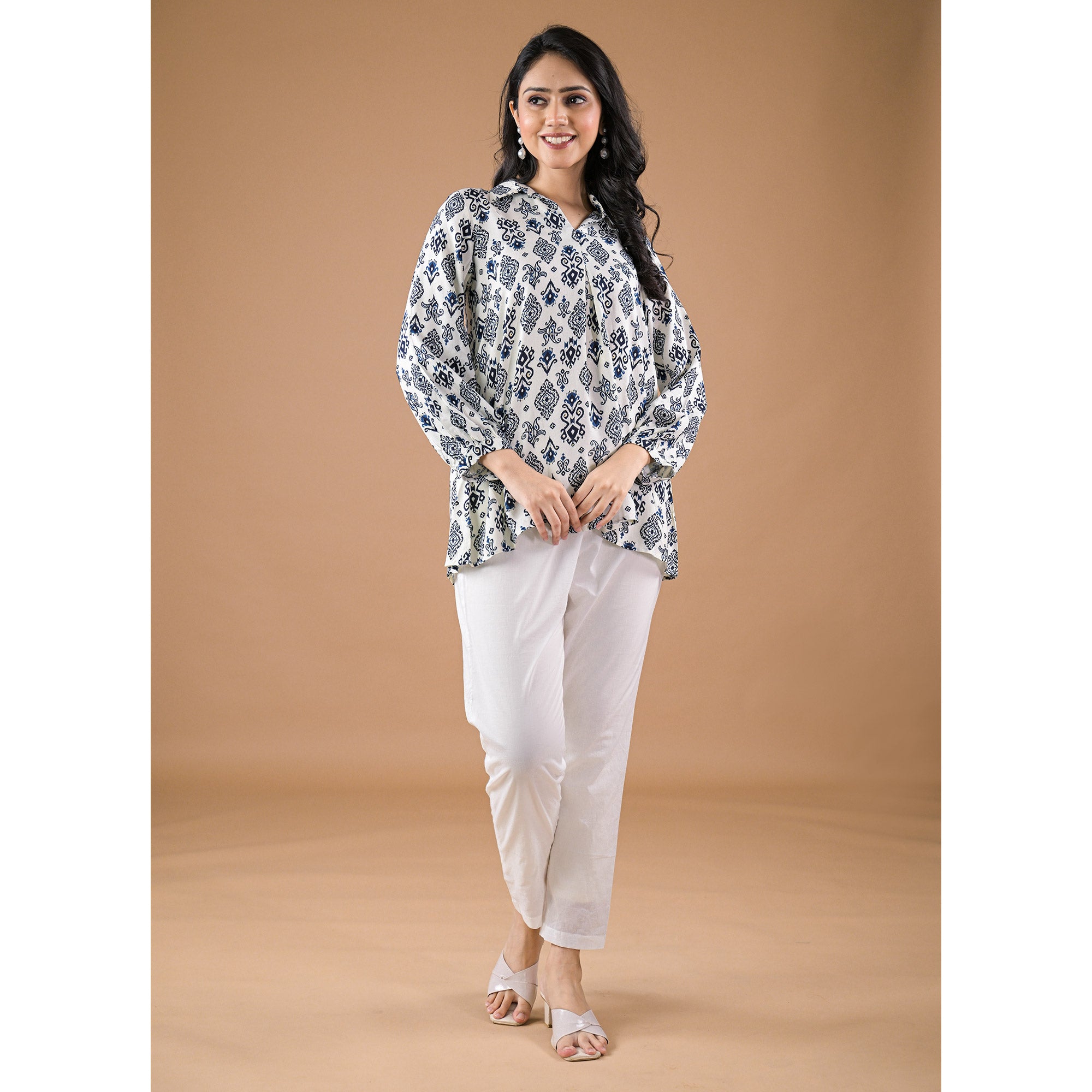 White & Blue Floral Printed Rayon Top