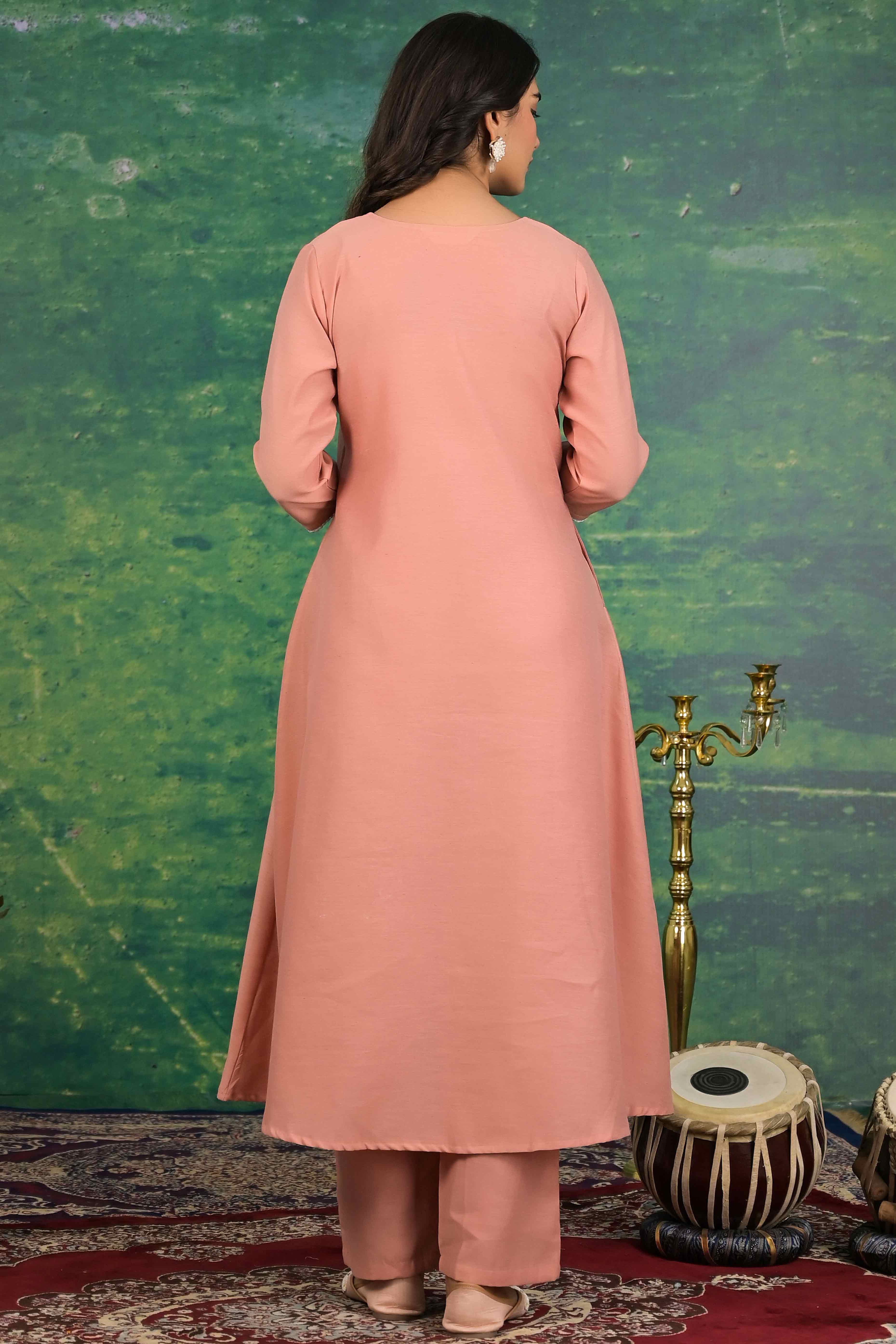 Peach Floral Embroidered Pure Cotton Top Bottom Set