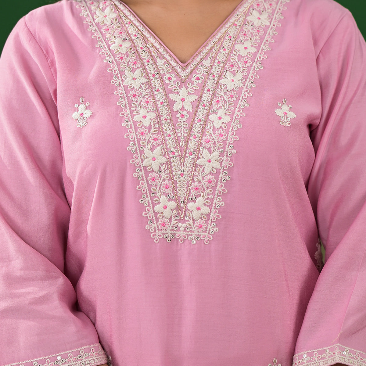 Pink Floral Embroidered Pure Silk Straight Salwar Suit
