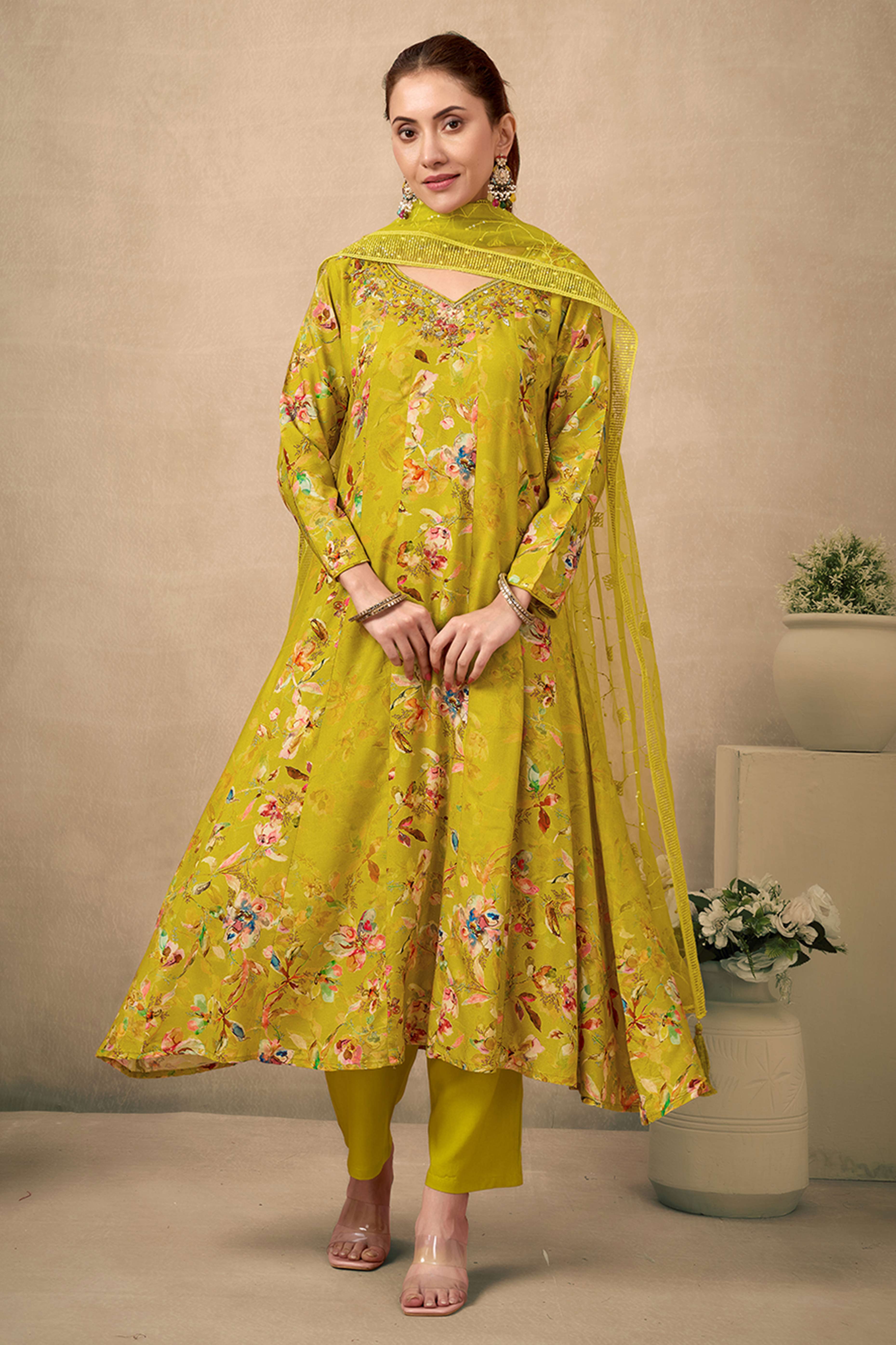 Mustard Floral Printed With Handwork On Neck Rayon Anarkali Salwar Suit