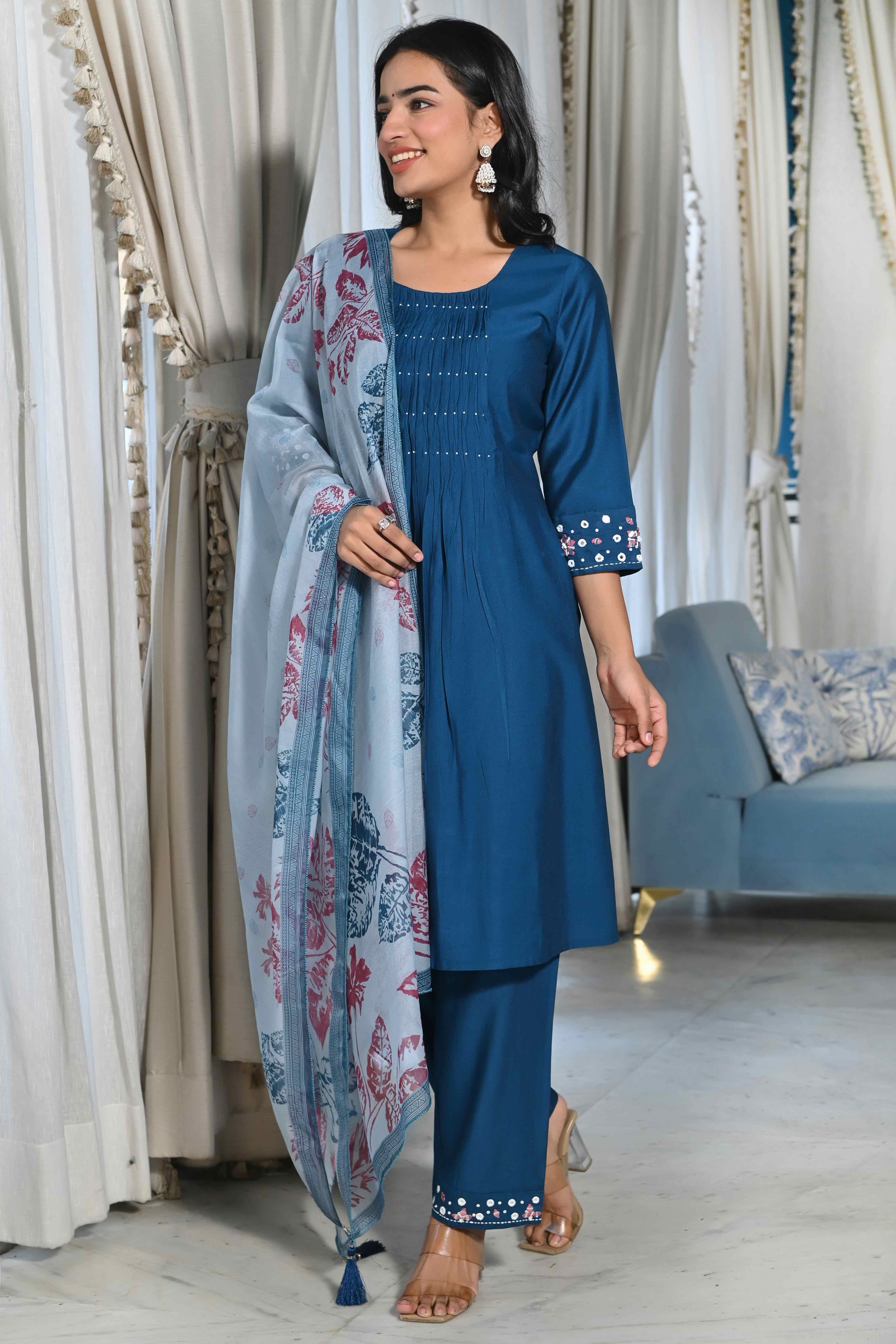 Blue Embroidered Viscose Salwar Suit