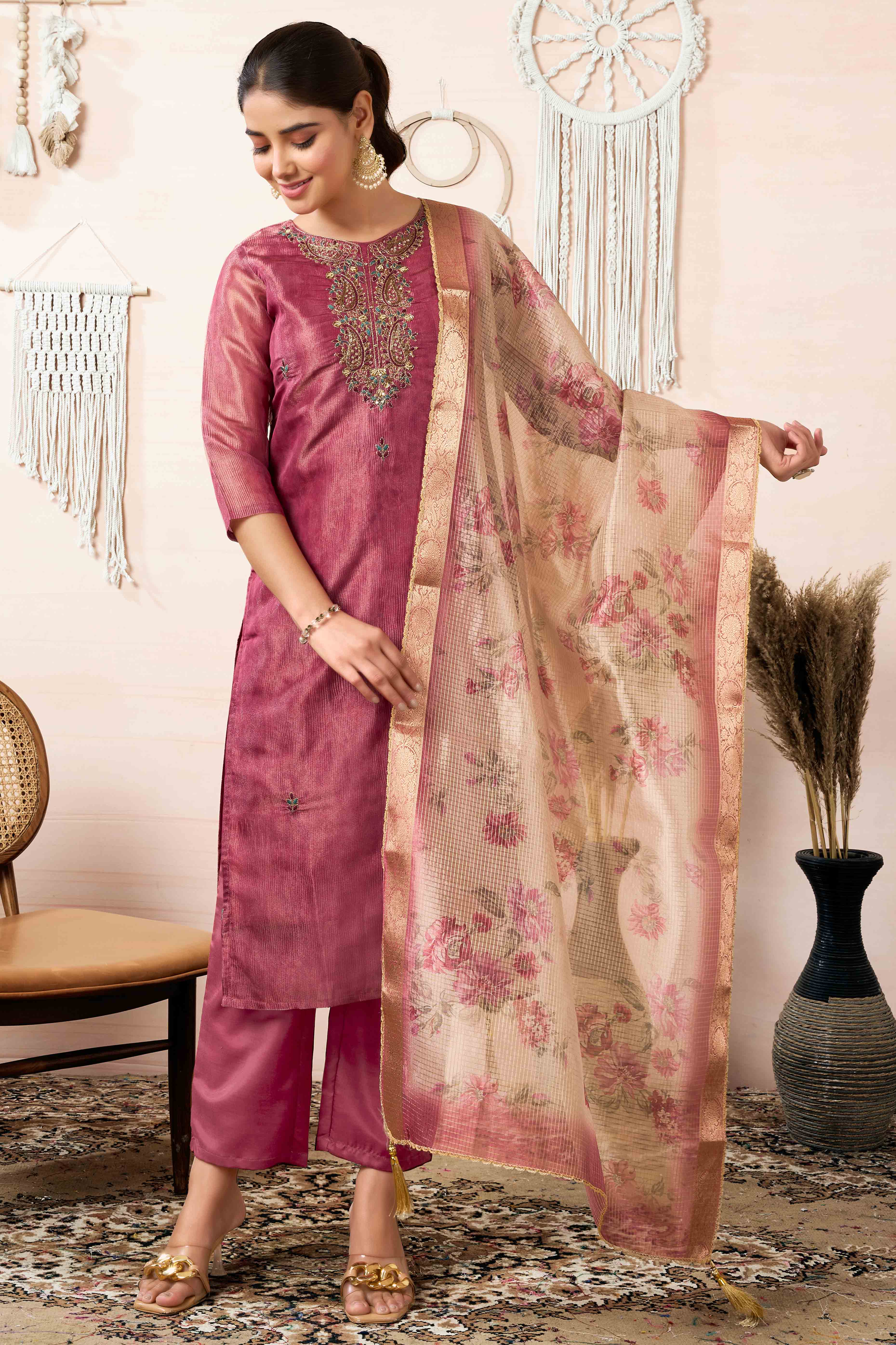 Mauve Sequins Embroidered Shimmer Straight Salwar Suit