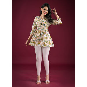 White Floral Printed Pure Cotton A-Line Top