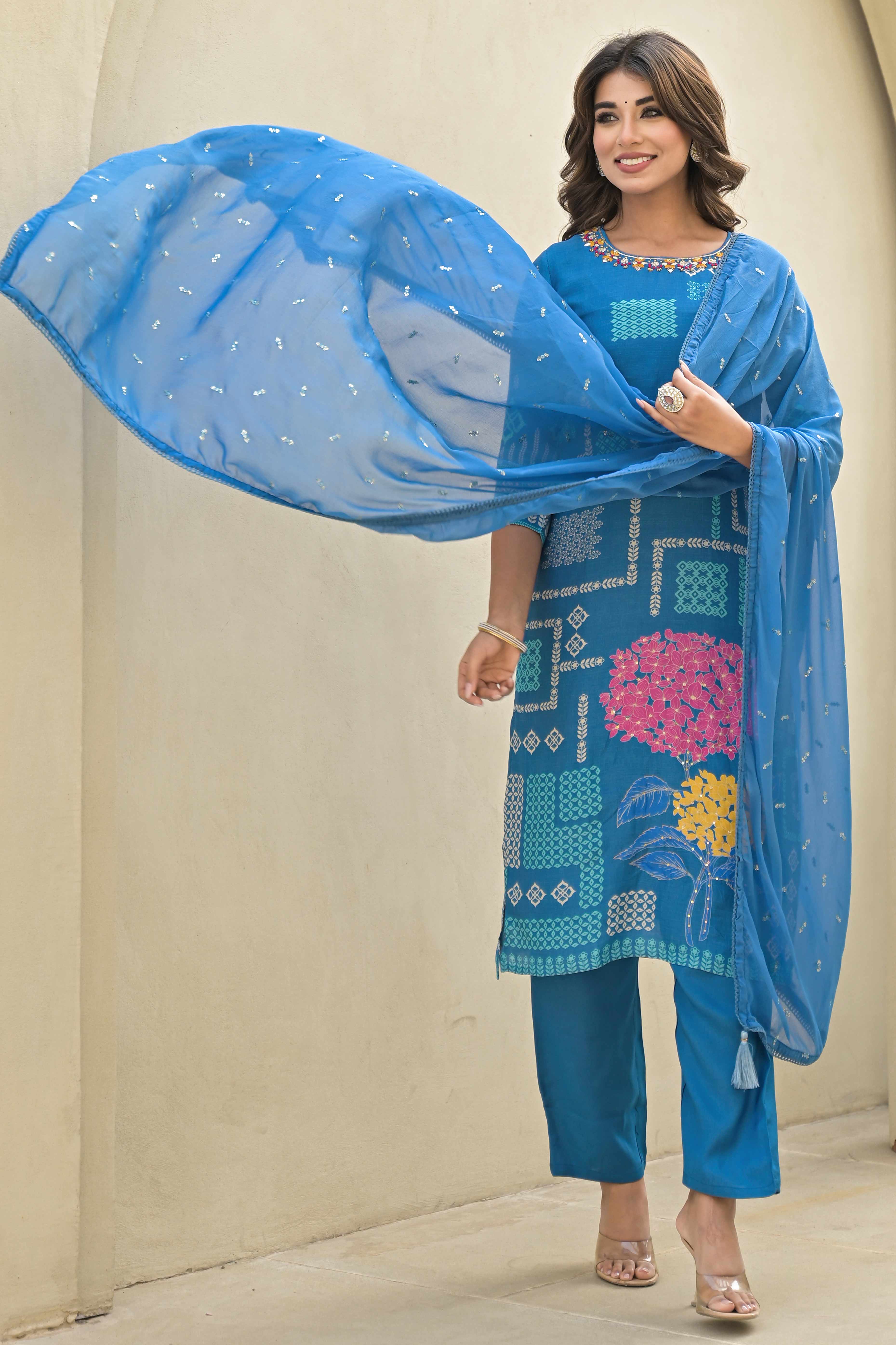Blue Floral Printed Muslin Straight Salwar Suit