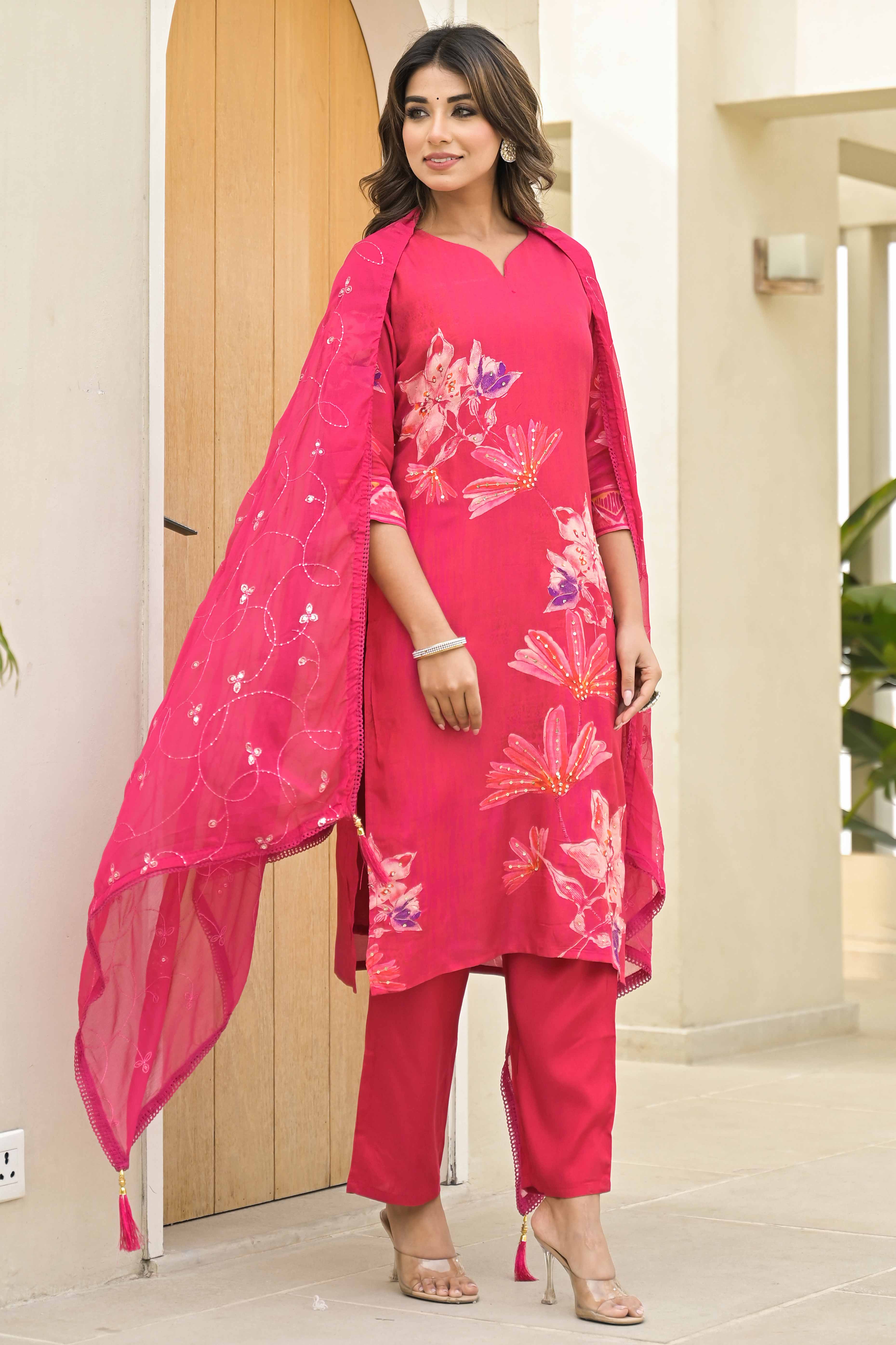 Pink Floral Printed Muslin Salwar Suit With Handwork