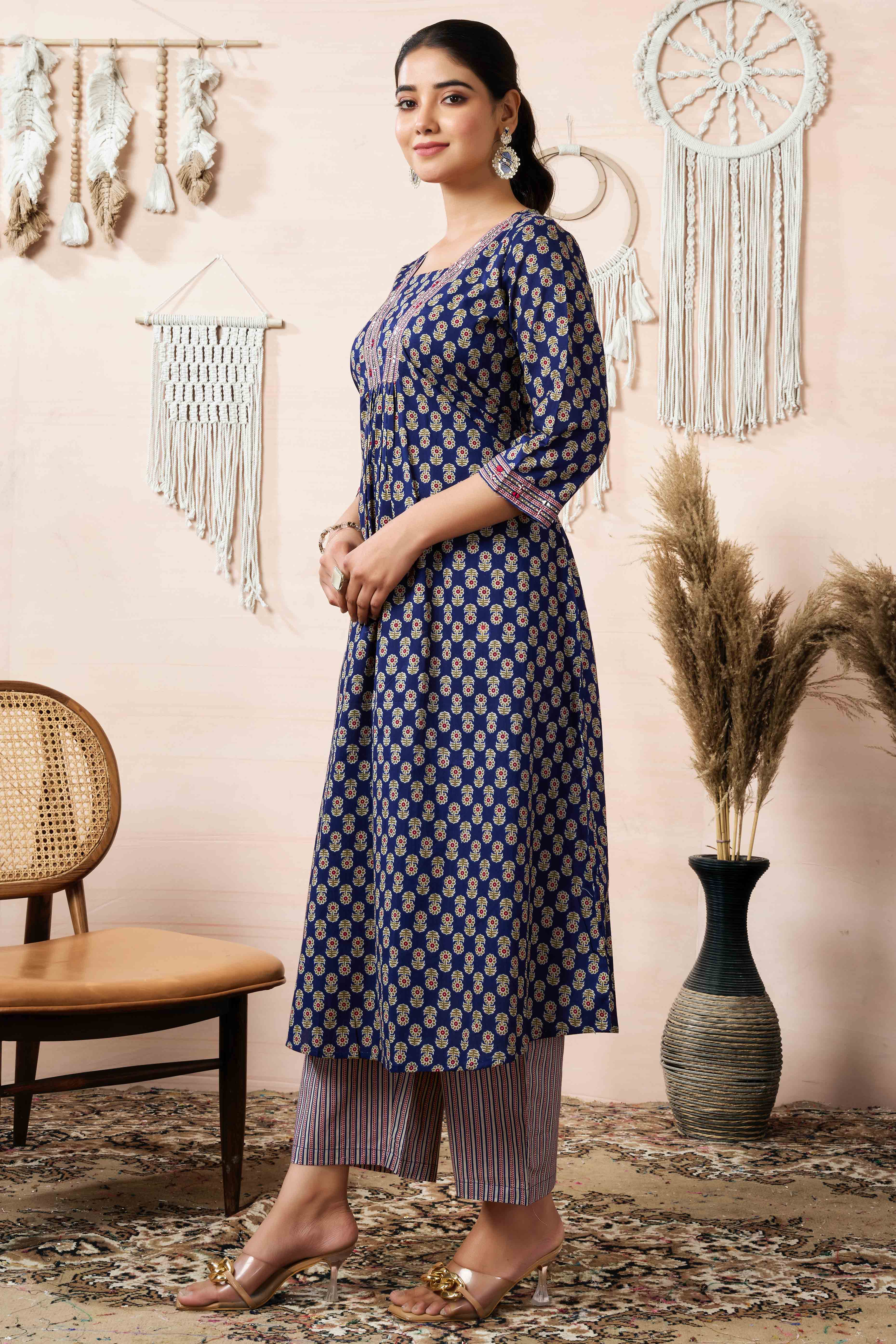 Navy Blue Floral Printed Pure Cotton A-Line Salwar Suit