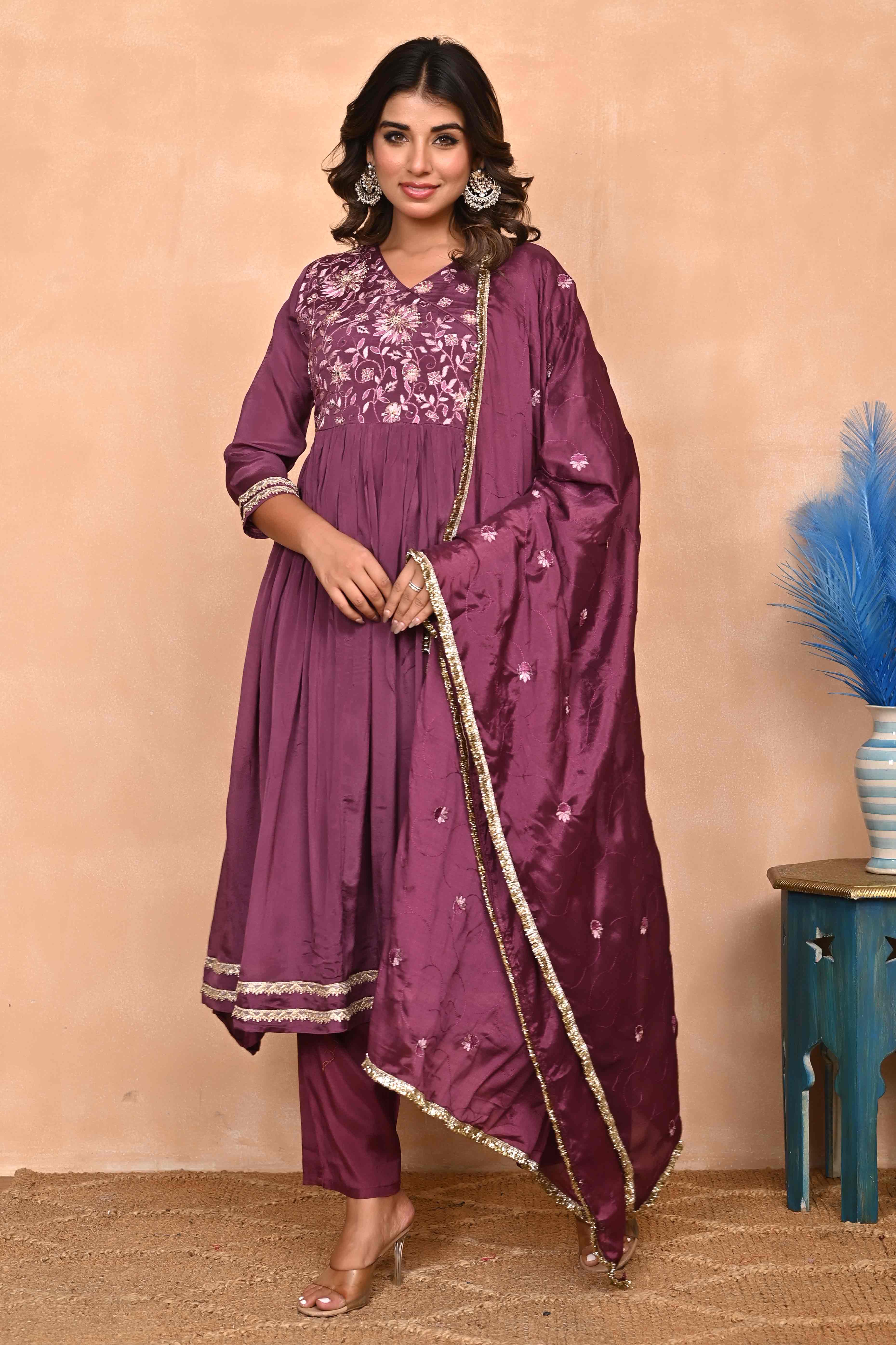 Plum Purple Chinon Anarkali with Floral Pattern & Hand-Beaded Embroidery