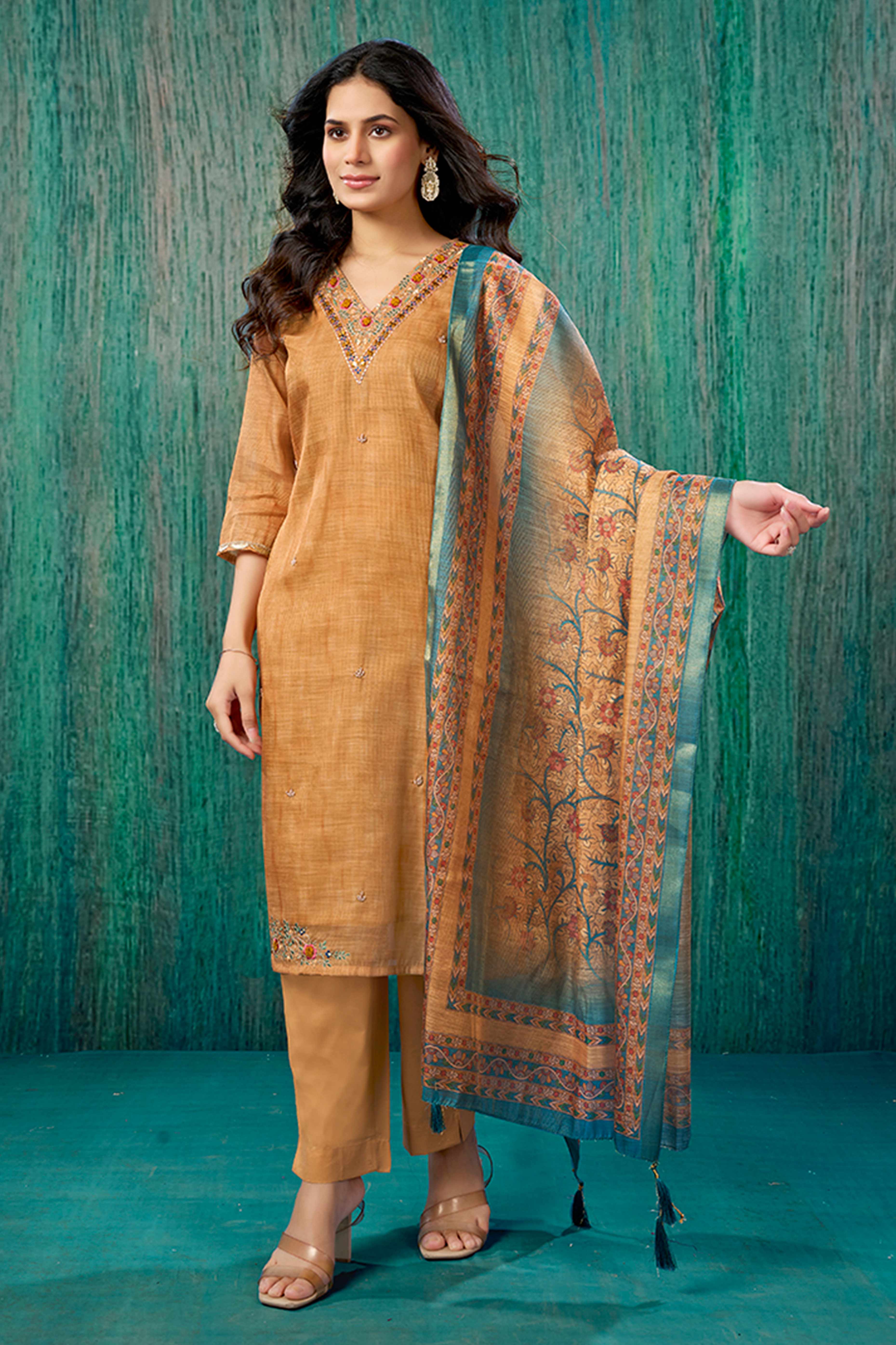 Orange Thread Work Embroidered Linen Straight Salwar Suit