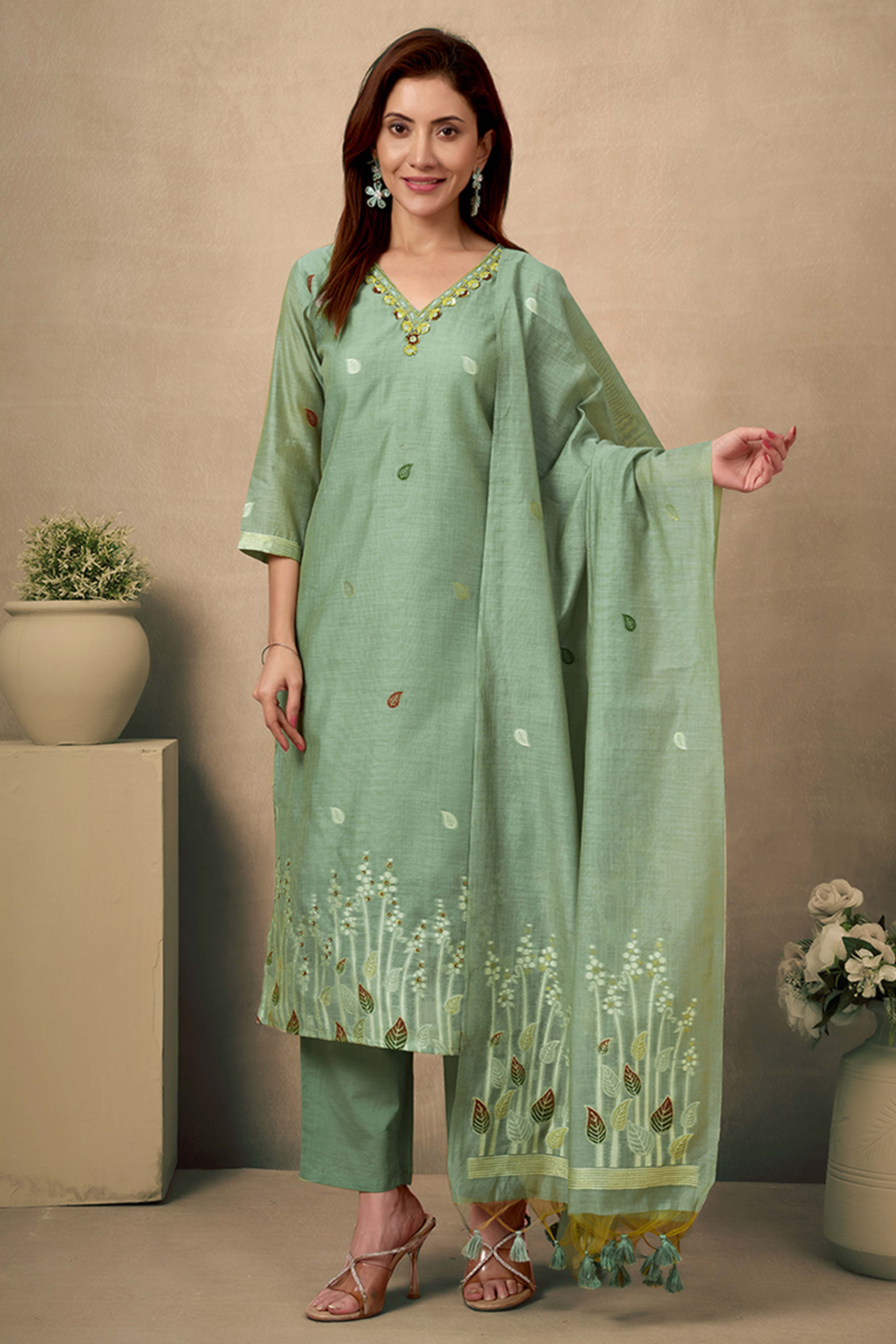 Light Green Hand-Embroidered Chanderi Jamdani Suit with Luxe Details