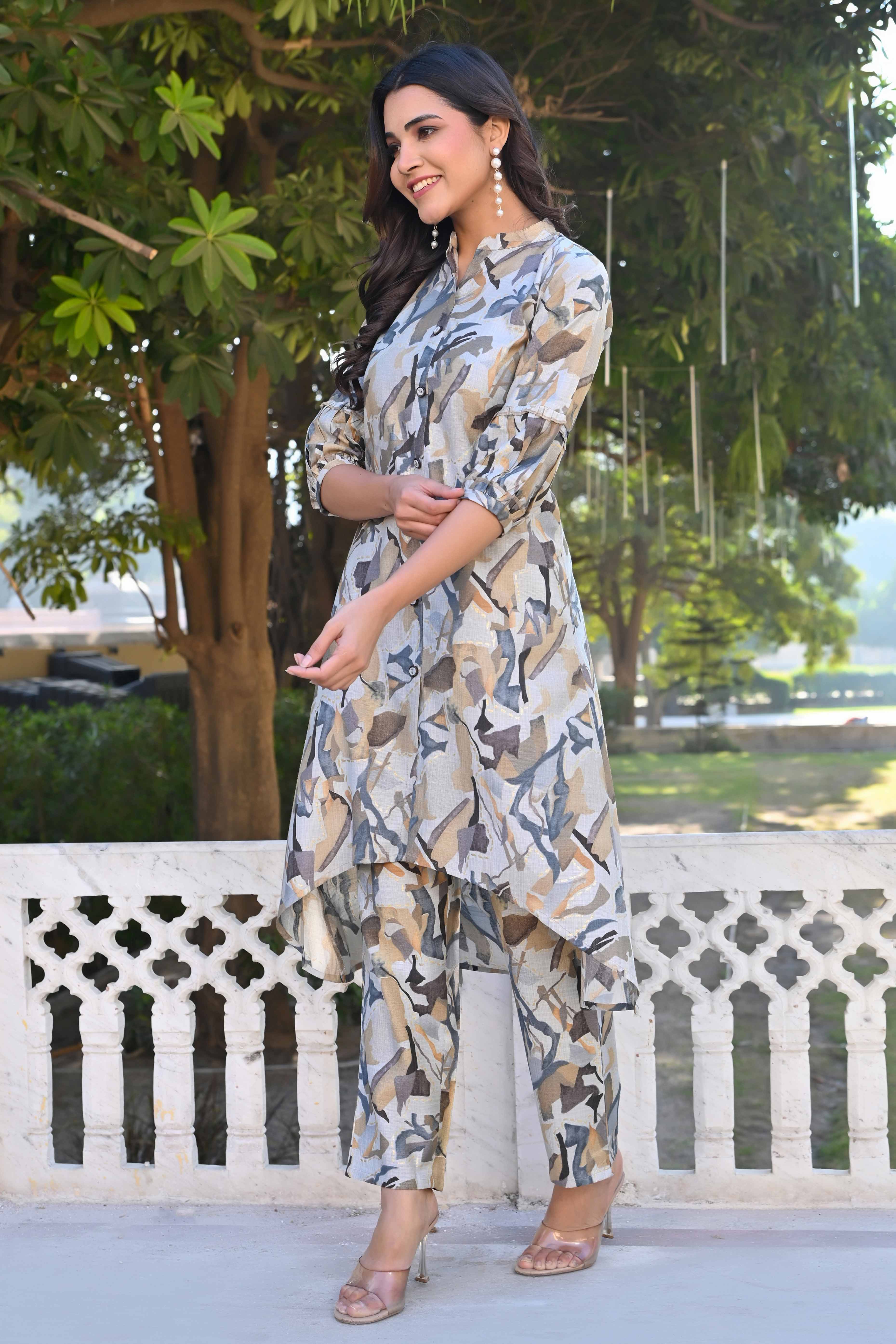 Grey Printed Heavy Viscose A-Line Co-Ord Set