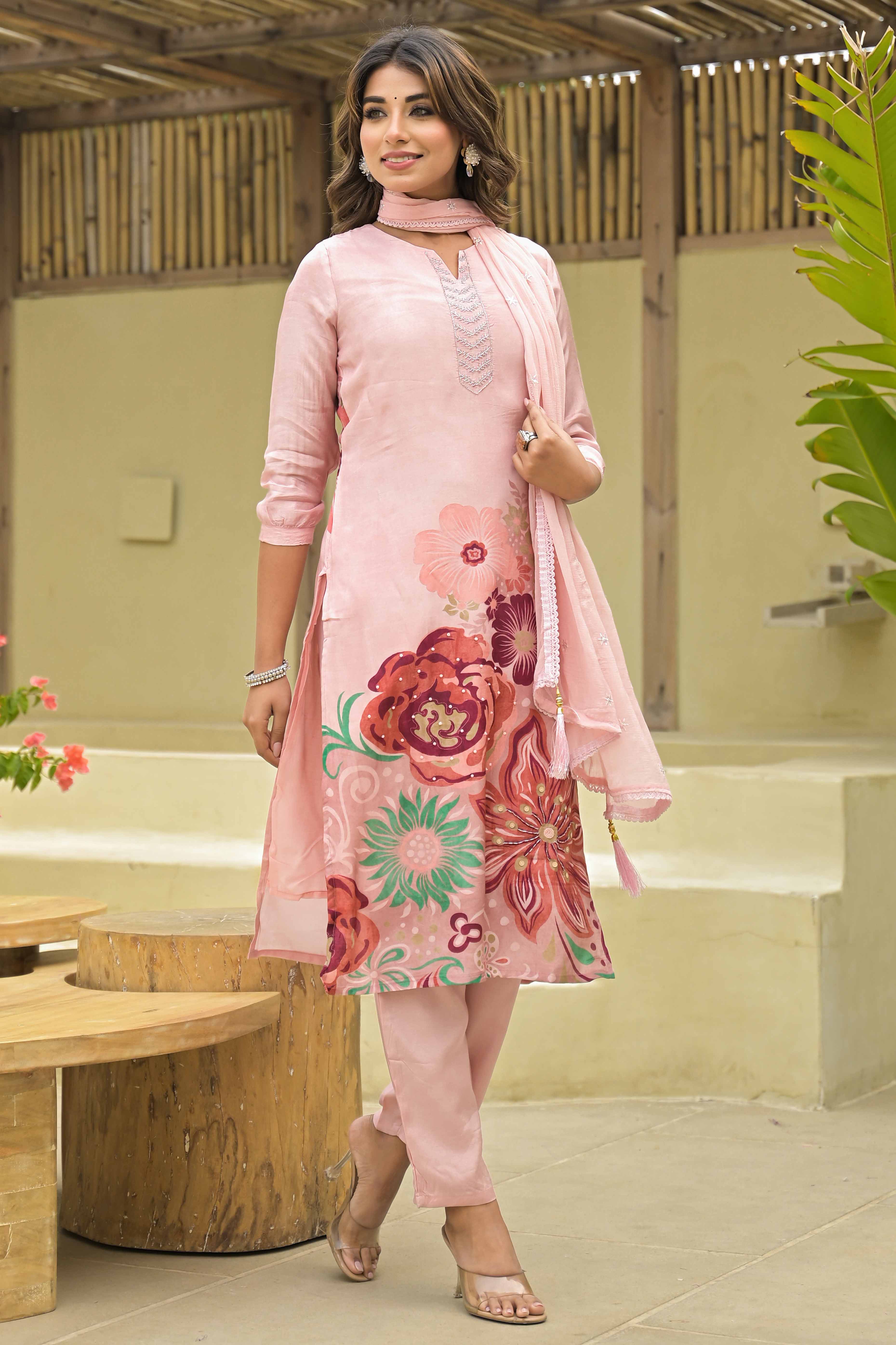 Blush Peach Floral Printed Muslin Straight Salwar Suit With Handwork