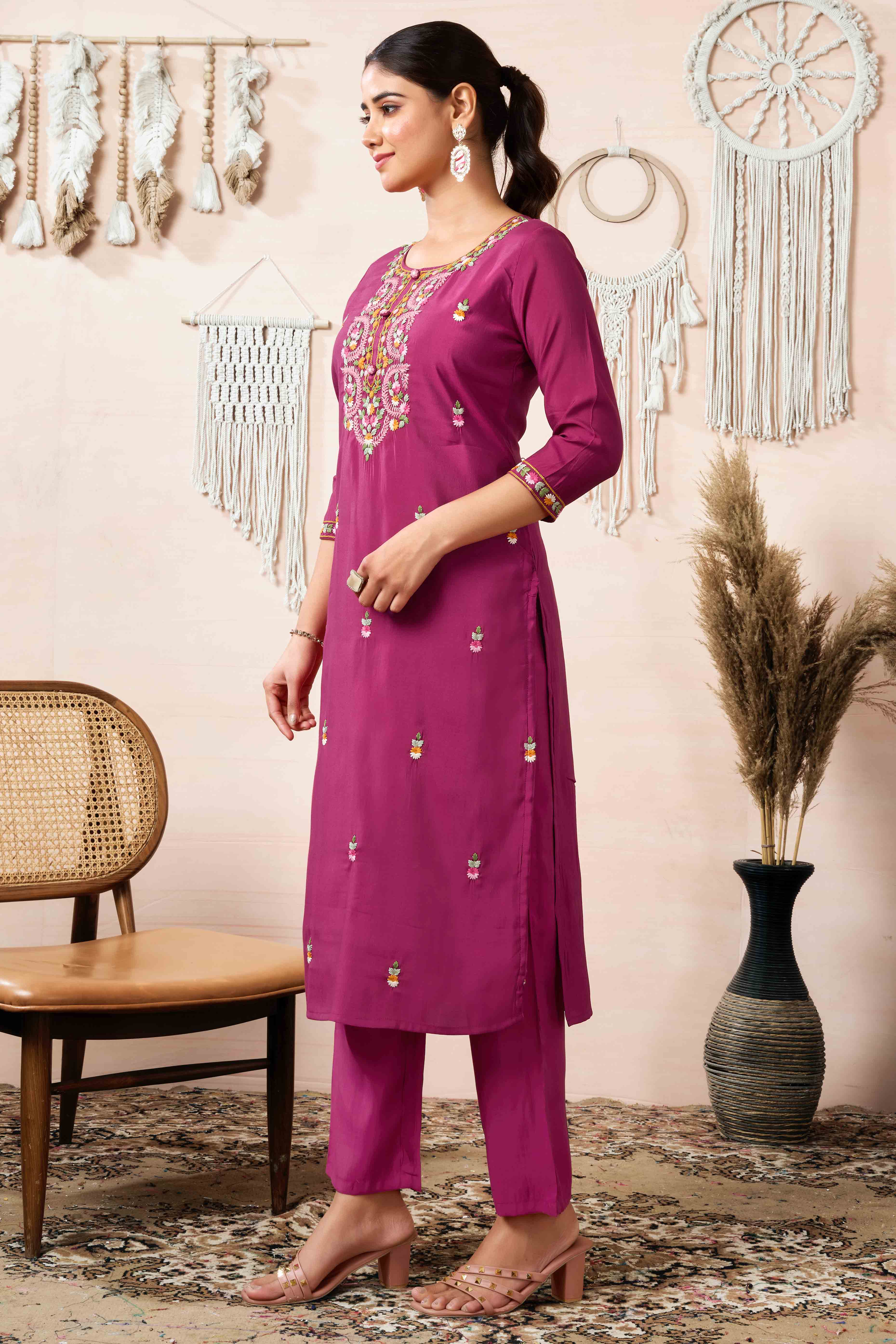 Burgundy Floral Embroidered Chanderi Silk Straight Salwar Suit