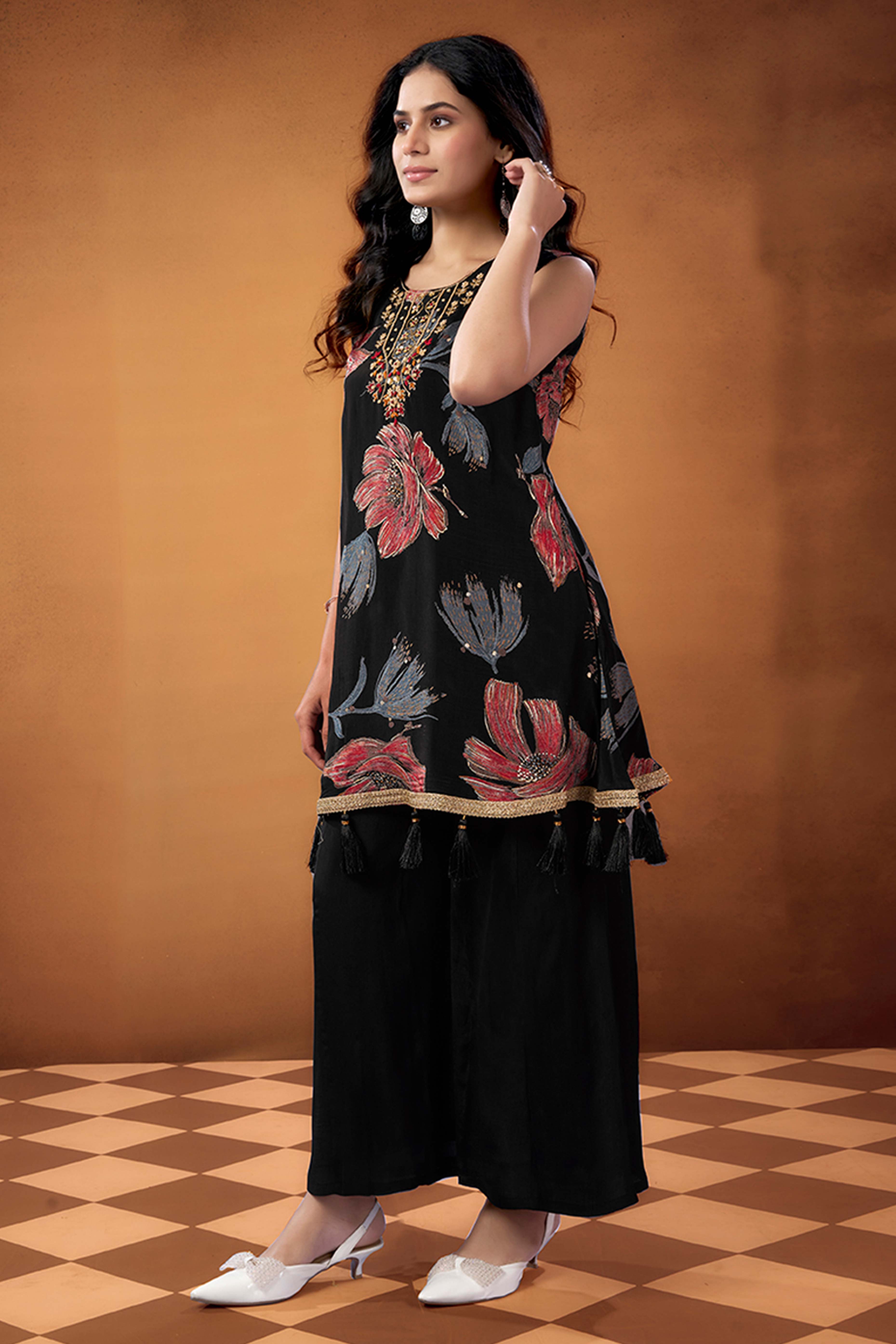Black Floral Printed Beads Work Pure Chinon A-Line Salwar Suit