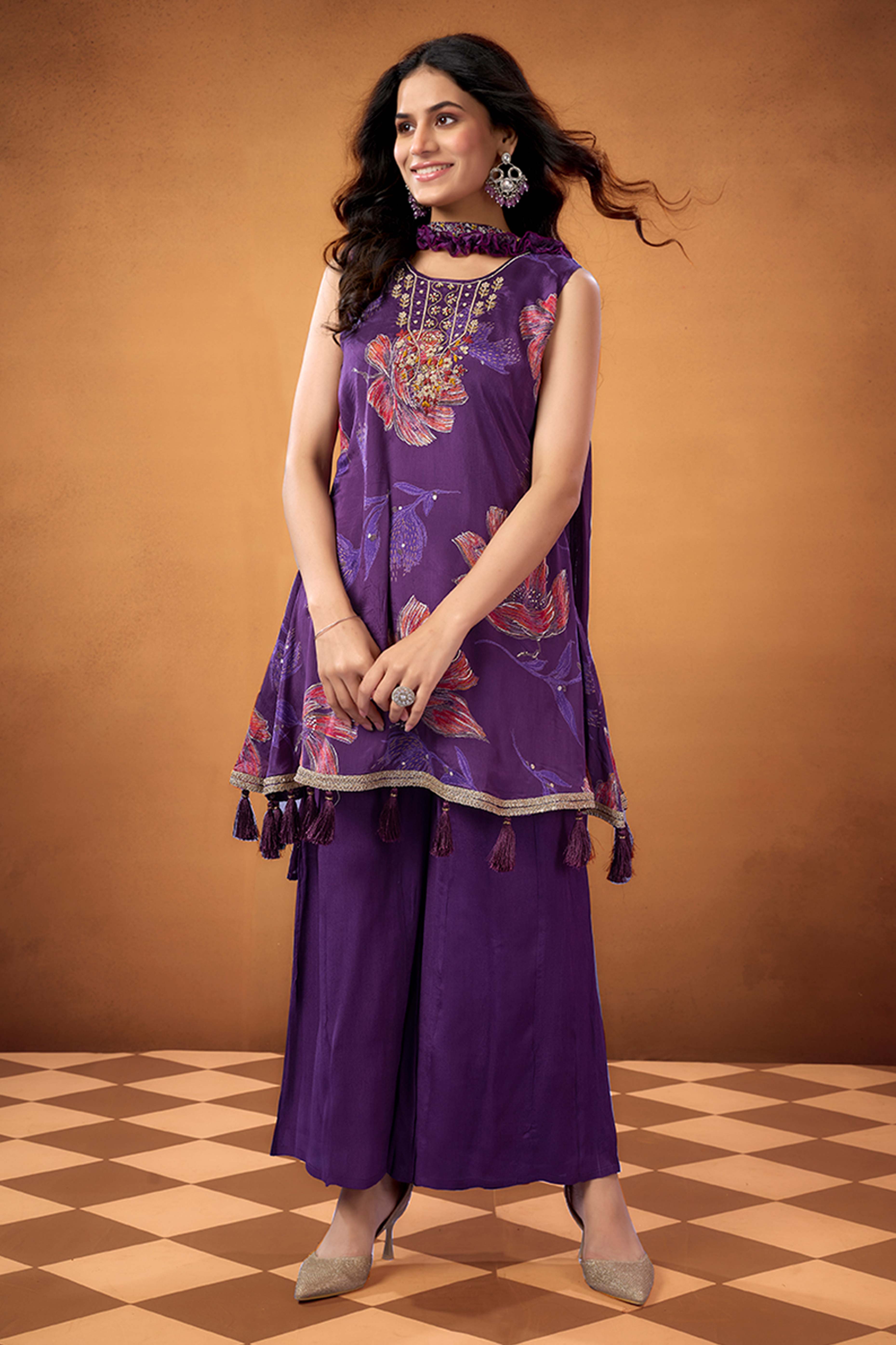 Dark Purple Floral Printed Beads Work Pure Chinon A-Line Salwar Suit