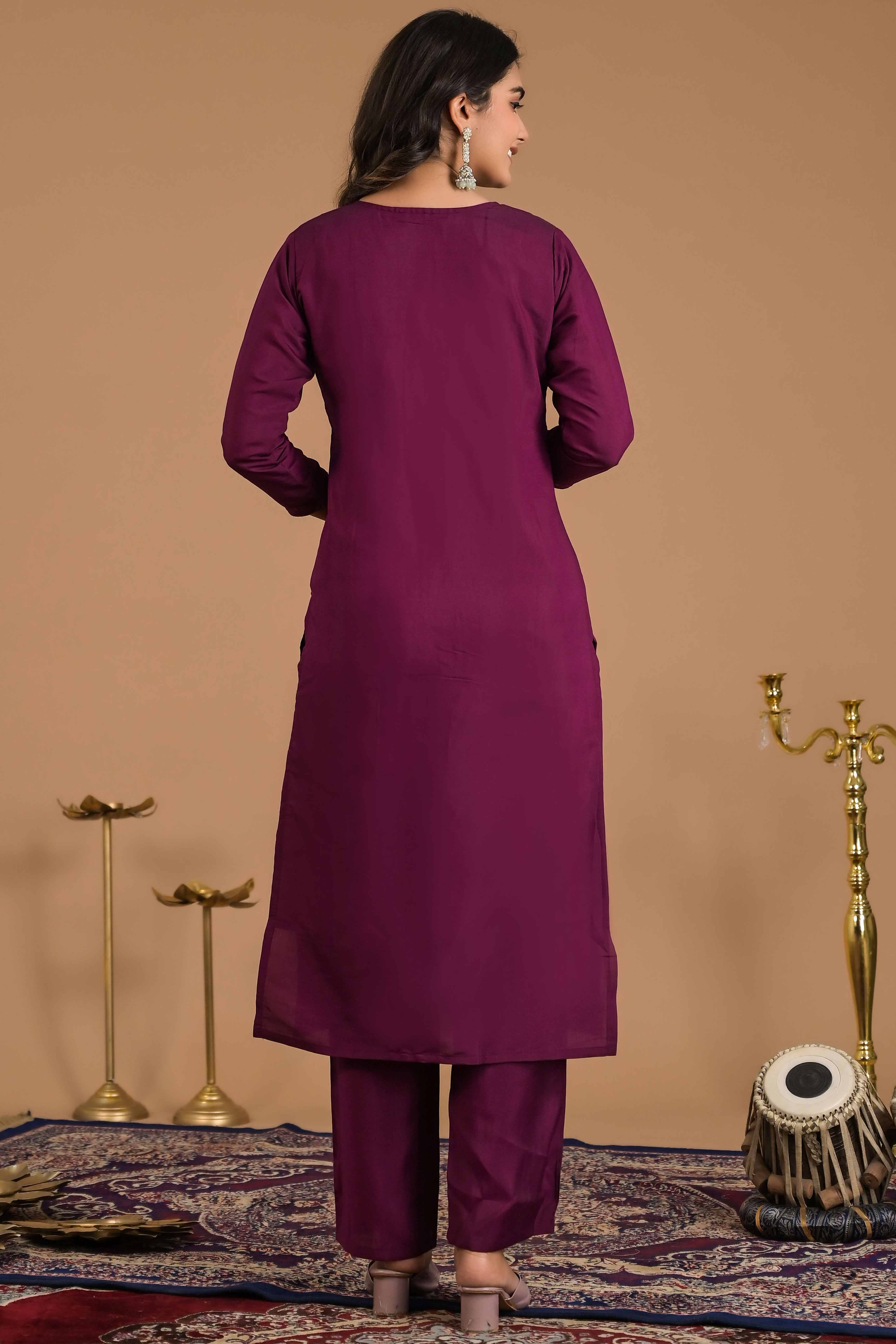 Imperial Purple Floral Embroidered Sequins Work Cotton Silk Straight Salwar Suit