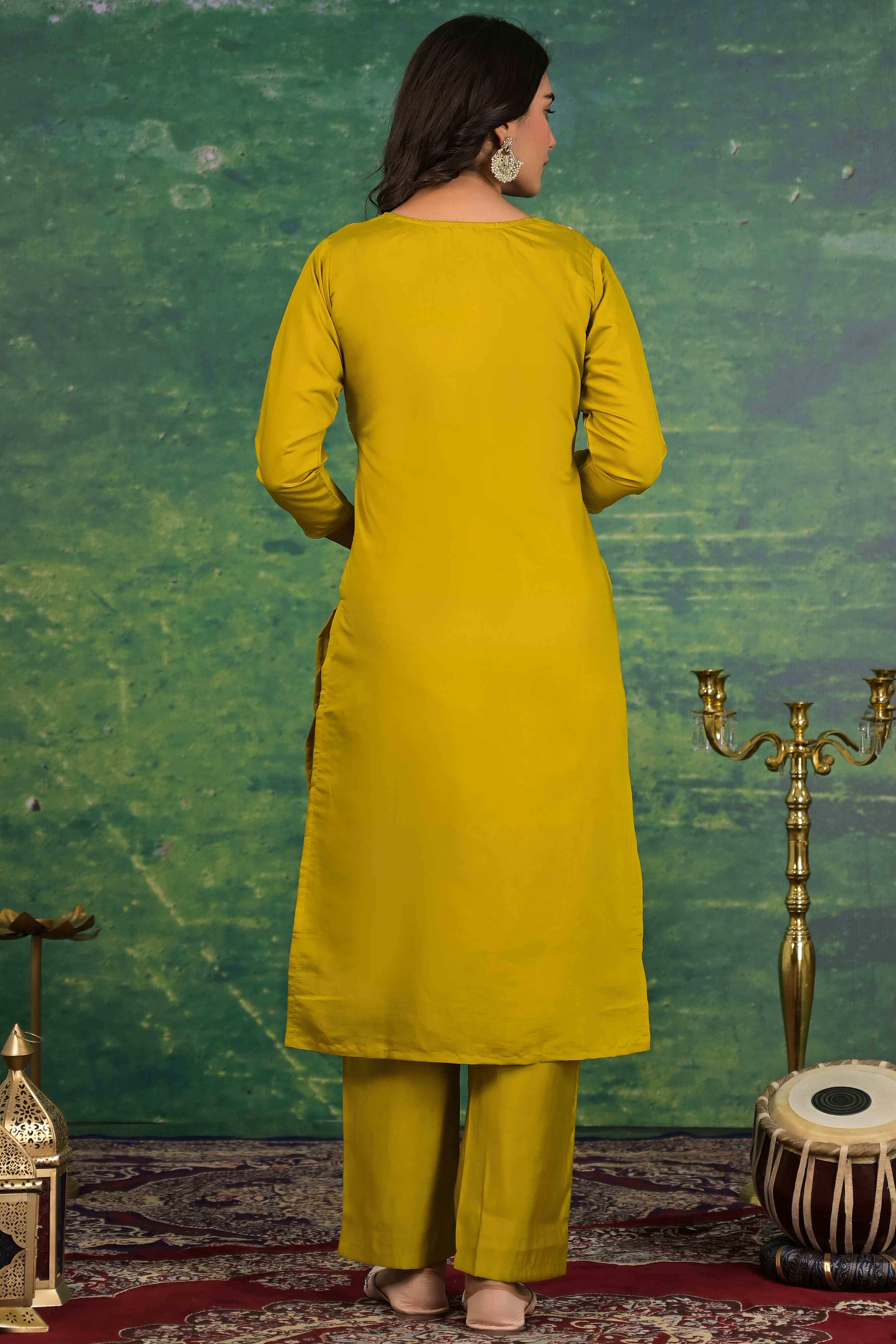 Mustard Floral Embroidered Sequins Work Cotton Silk Straight Salwar Suit