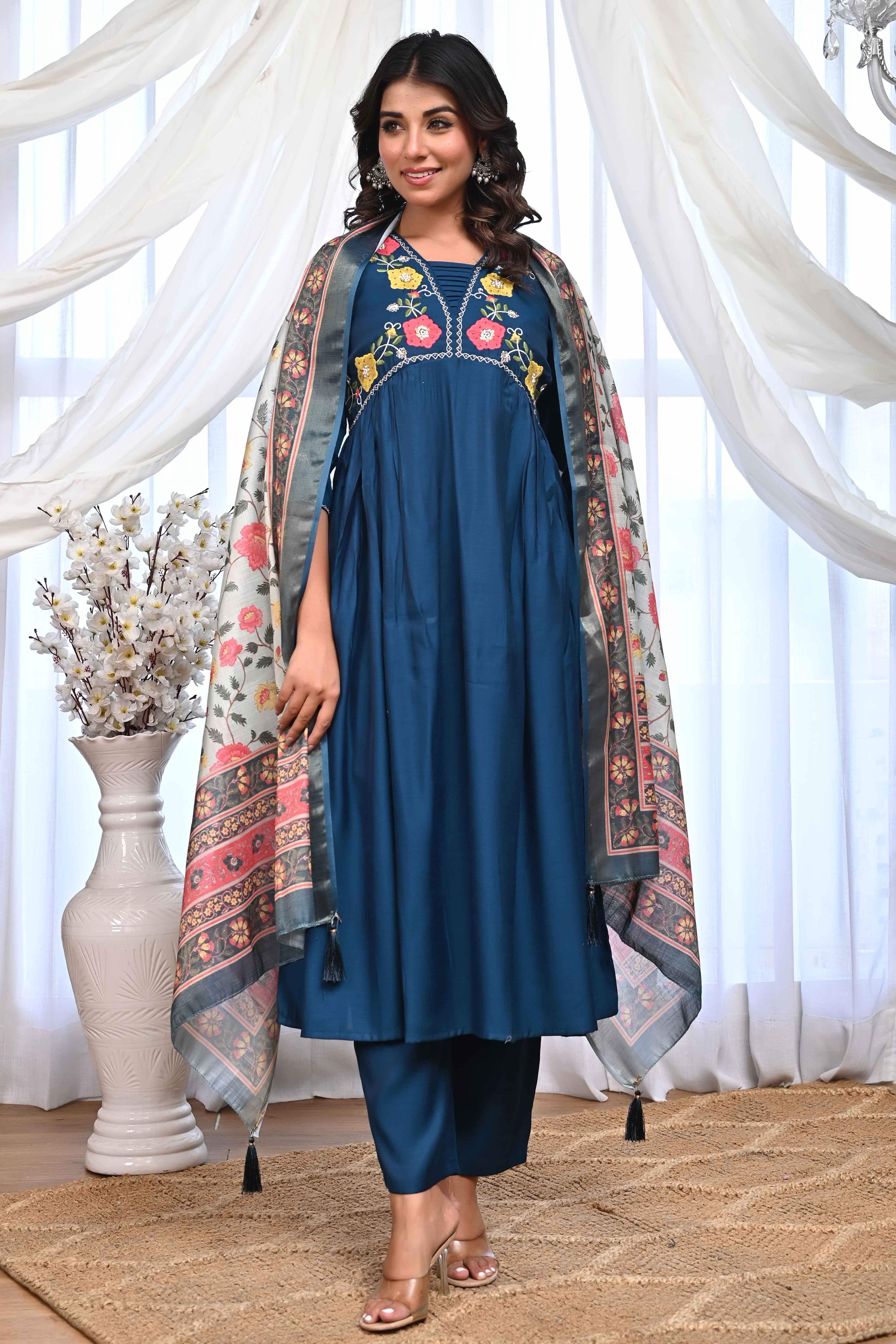 Blue Floral Embroidered A-Line Alia Cut Suit With Elegant Moti Handwork On Cotton Blend