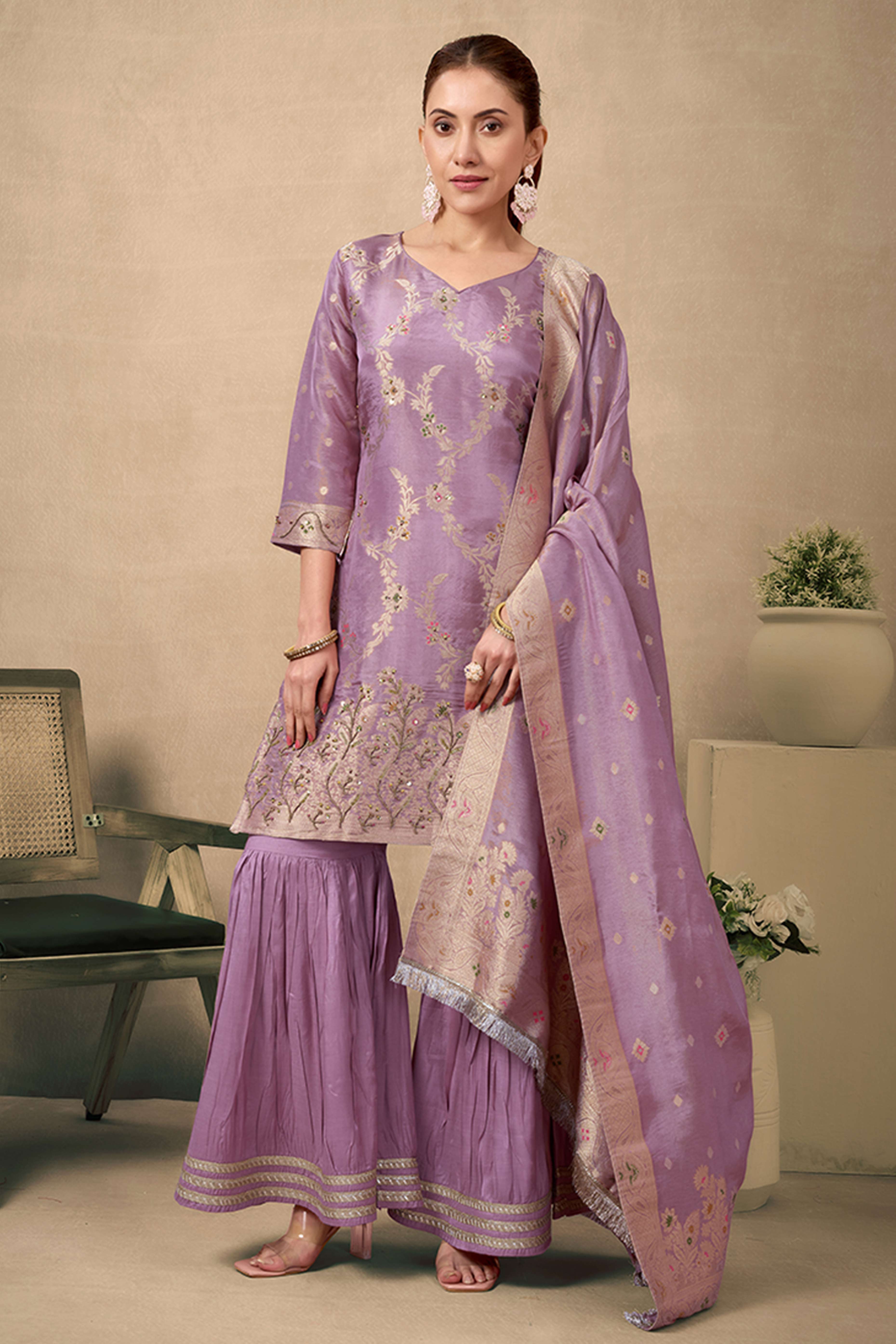 Mauve Floral Zari Woven Jacquard Sharara Suit With Exquisite Handwork