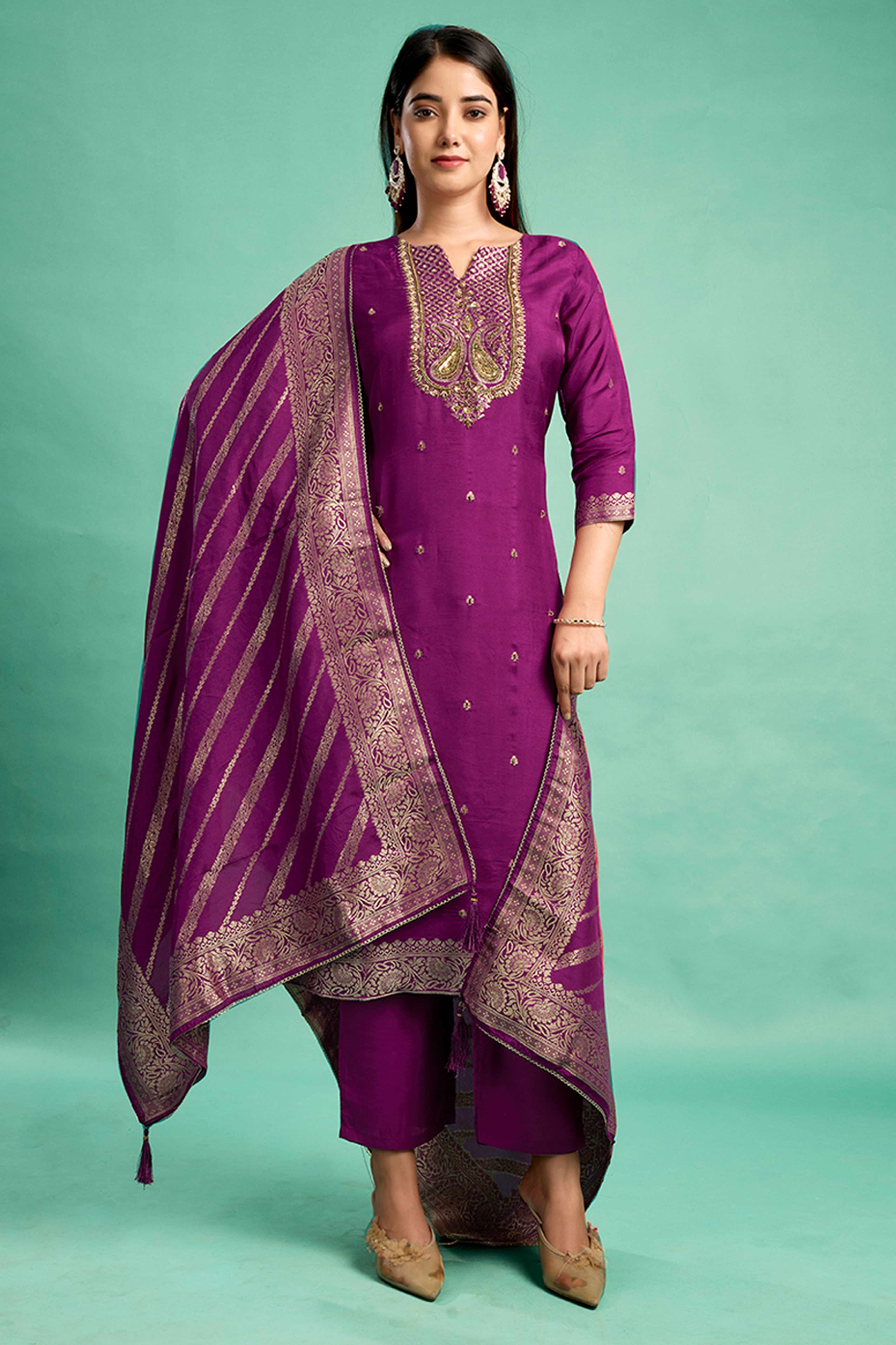 Purple Handwork Embroidered Pure Dola Silk Straight Salwar Suit