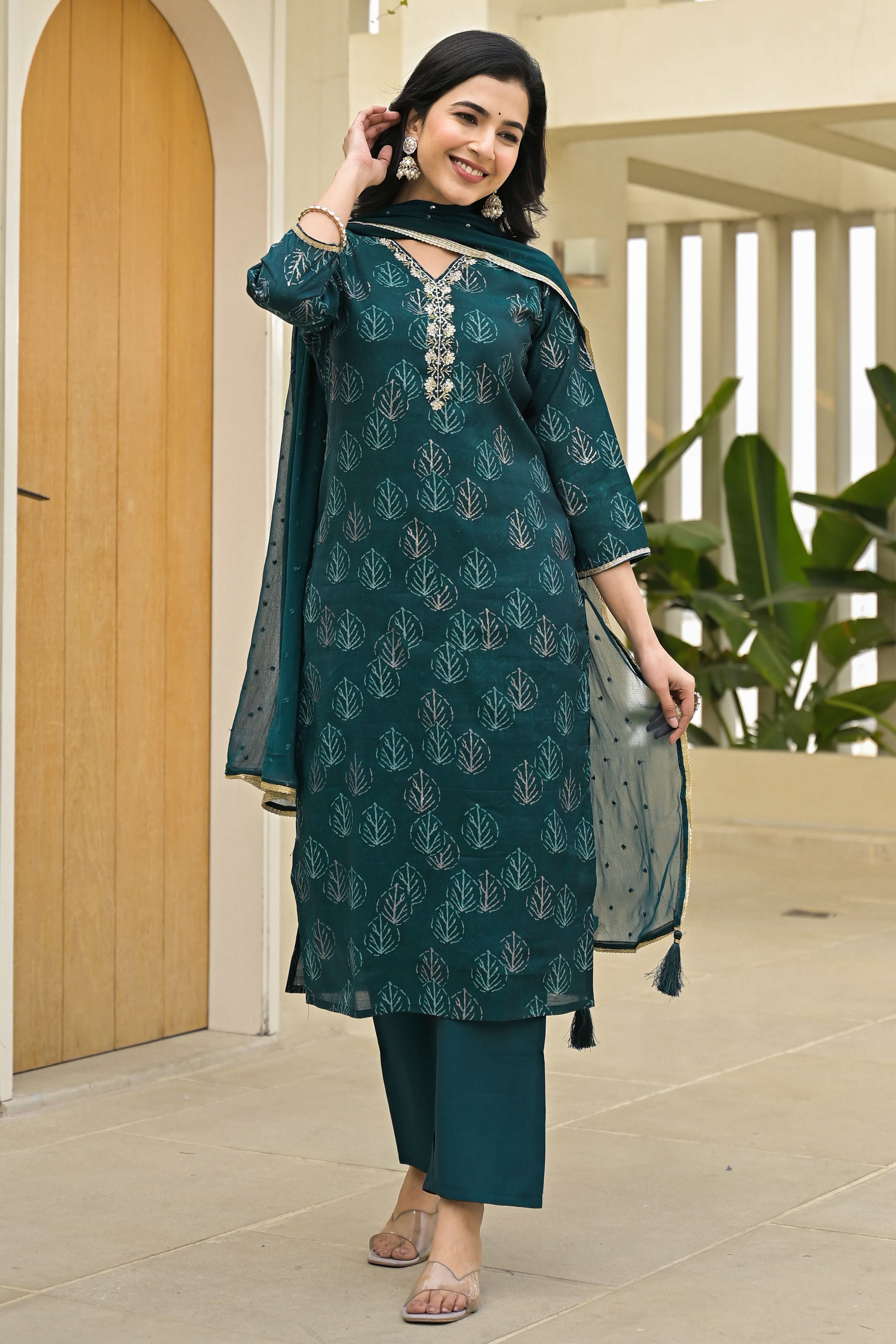 Teal Foil Printed Chanderi Straight Salwar Suit