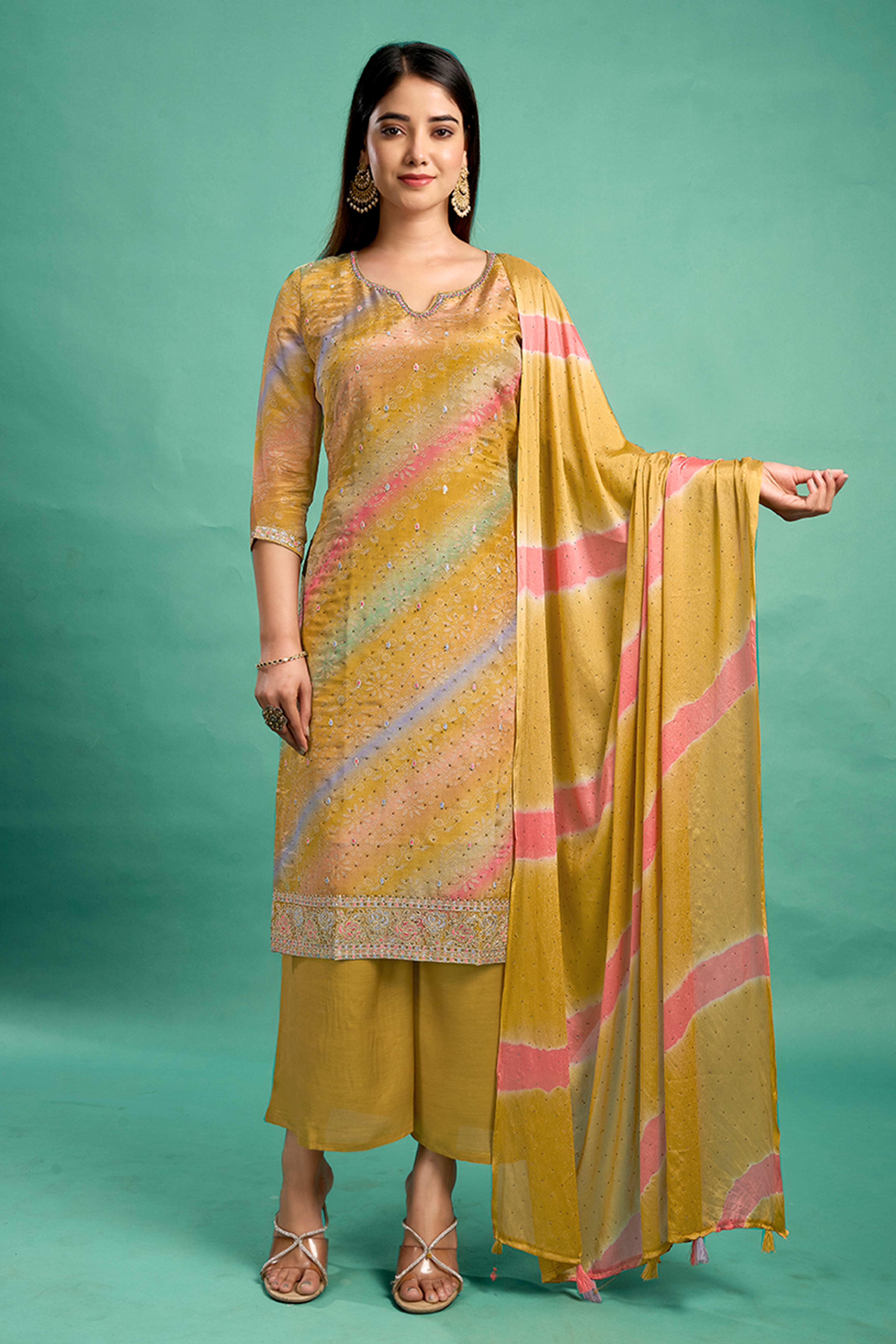 Mustard Pure Shimmer Straight Suit with Stone Embroidery